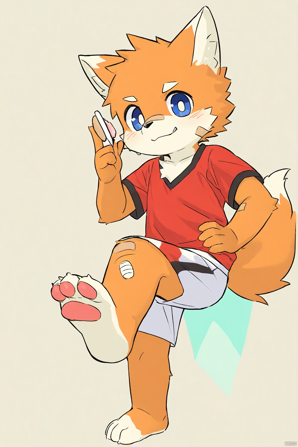 solo,male_child,shota.BREAK,,[bandage on left foot], (red t-clothes),(shorts),BREAK, (prefect_feets,prefect_hands,prefect_eyes:1.05), wide-angle,[looking at viewer], simple background, (hand on own hip),leg up,soles focus,BREAK, score_9,score_8_up,score_7_up,score_6_up,score_5_up,body fur,anthro,furry
