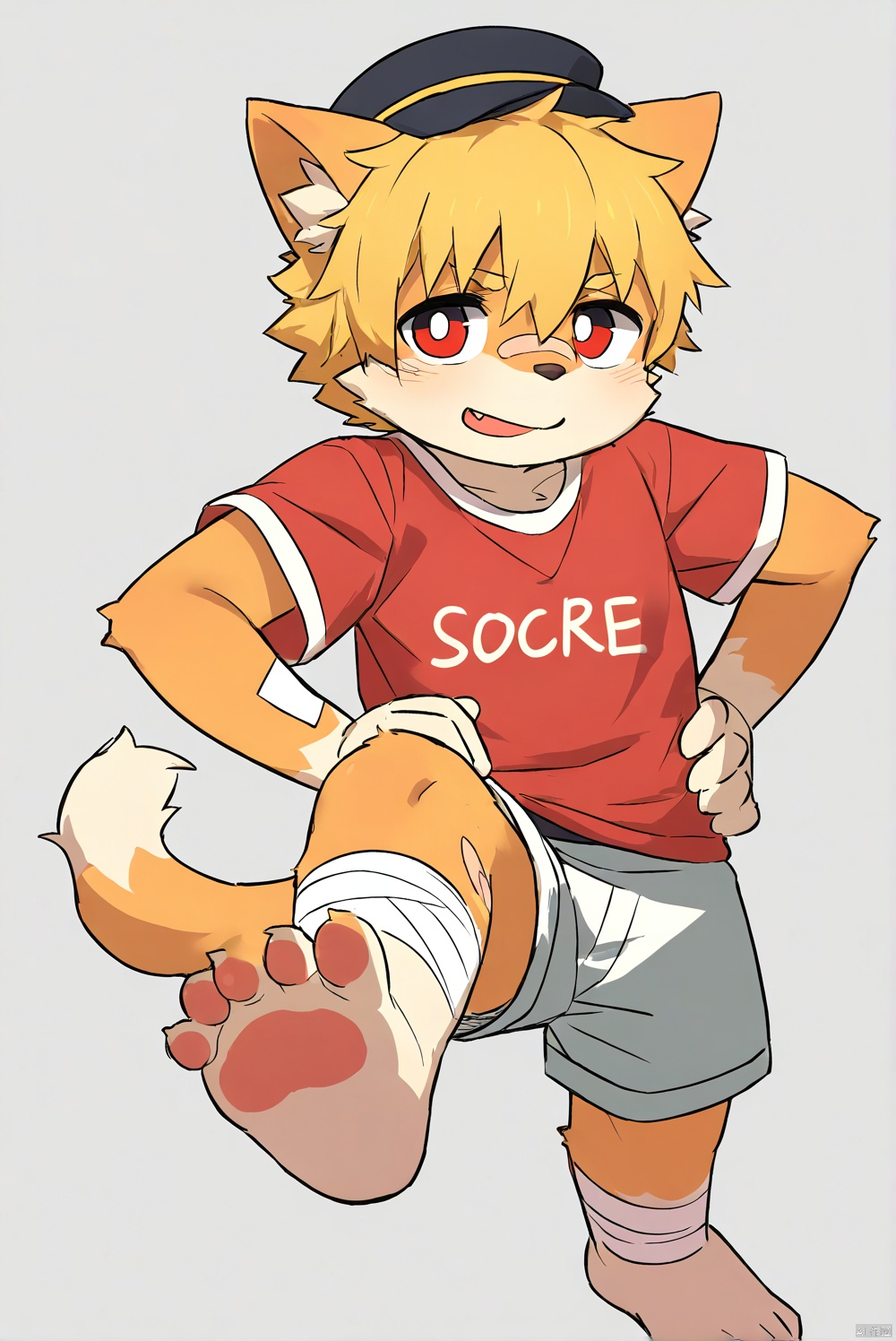 solo,male_child,shota.BREAK,,[bandage on left foot], (red t-clothes),(shorts),BREAK, (prefect_feets,prefect_hands,prefect_eyes:1.05), wide-angle,[looking at viewer], simple background, (hand on own hip),leg up,soles focus,BREAK, score_9,score_8_up,score_7_up,score_6_up,score_5_up,