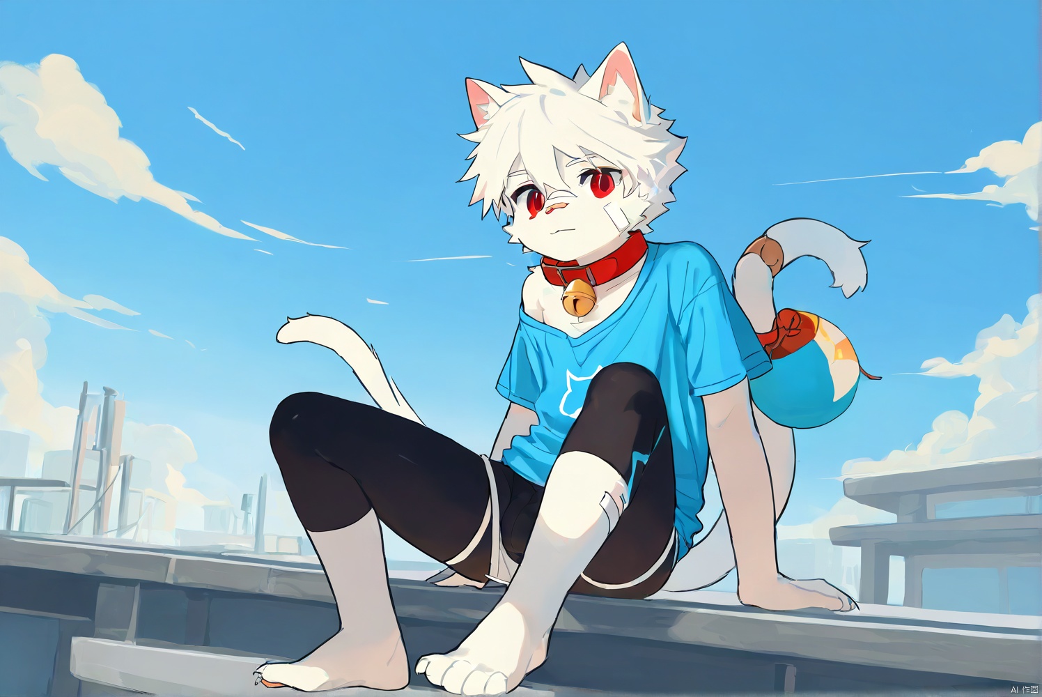 cat boy,1boy,solo,male_focus,(white_hair:0.8),red eyes,[bell on collar,Collar,Cortical collar,Large collar],(blue t-shirt,black_leggings under shorts,black bike_shorts),(barefoot) BREAK dutch angle,vanishing point,sitting on rooftop,(blue sky,cloud,wind),(masterpiece, best quality:1.1),foot focus,bandage on nose,bandage on leg,Tail decoration,cat tail,PVC Style,bare_shoulder,body fur,furry