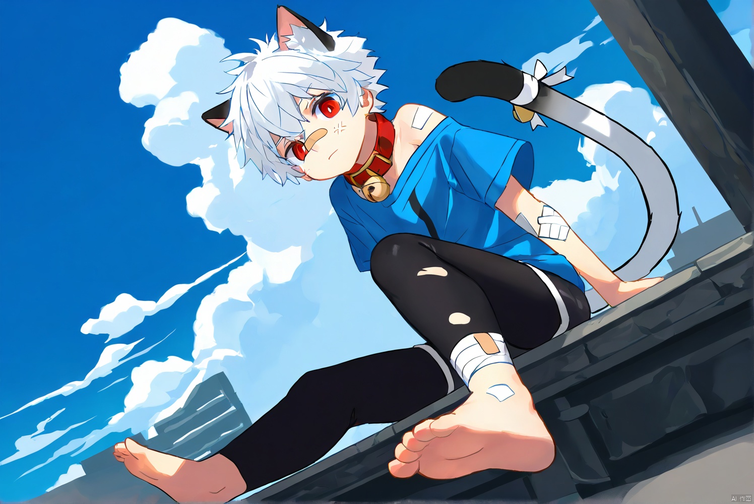 cat boy,1boy,solo,male_focus,(white_hair:0.8),red eyes,[bell on collar,Collar,Cortical collar,Large collar],(blue t-shirt,black_leggings under shorts,black bike_shorts),(barefoot) BREAK dutch angle,vanishing point,sitting on rooftop,(blue sky,cloud,wind),(masterpiece, best quality:1.1),foot focus,bandage on nose,bandage on leg,Tail decoration,cat tail,PVC Style,bare_shoulder,