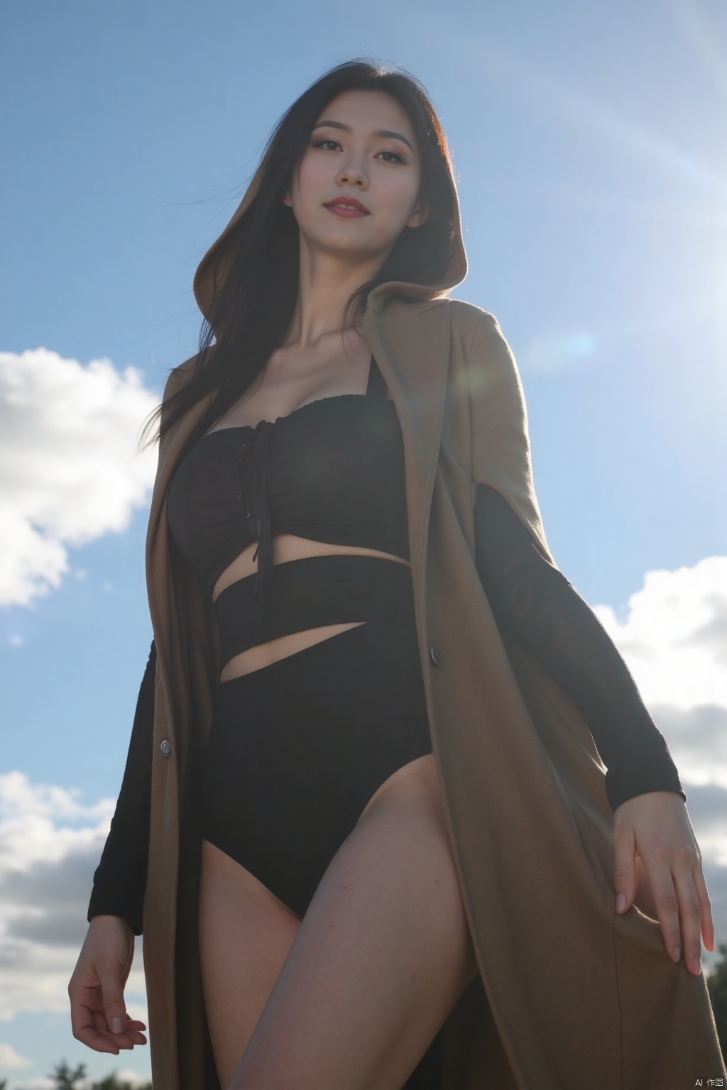 1 sexy girl, wearing a cape with a hood, standing in a sky