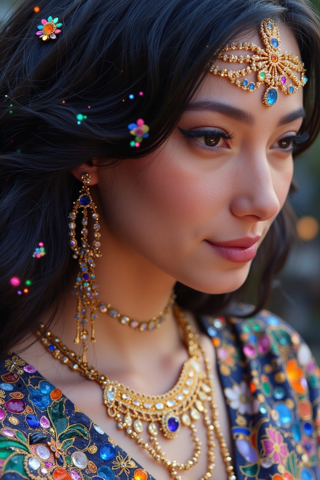 A young woman is adorned with intricate golden ornaments and celestial jewels. Her body is inscribed with glowing runes th...