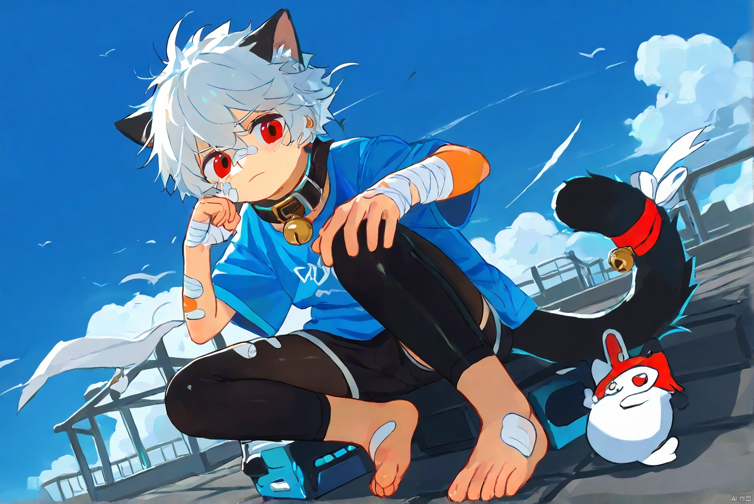 cat boy,1boy,solo,male_focus,(white_hair:0.8),red eyes,[bell on collar,Collar,Cortical collar,Large collar],(blue t-shirt,black_leggings under shorts,black bike_shorts),(barefoot) BREAK dutch angle,vanishing point,sitting on rooftop,(blue sky,cloud,wind),(masterpiece, best quality:1.1),foot focus,bandage on nose,bandage on leg,Tail decoration,cat tail,PVC Style,bare_shoulder,