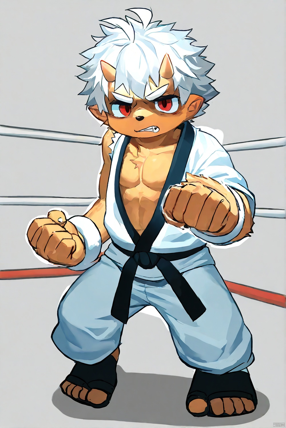 1boy,boxer,shota,muscular,slender,ahoge,messy hair,oni_horns,thick eyebrows,dougi,disgust,wrestling_ring,motion_blur,furry,fighting_stance,body fur