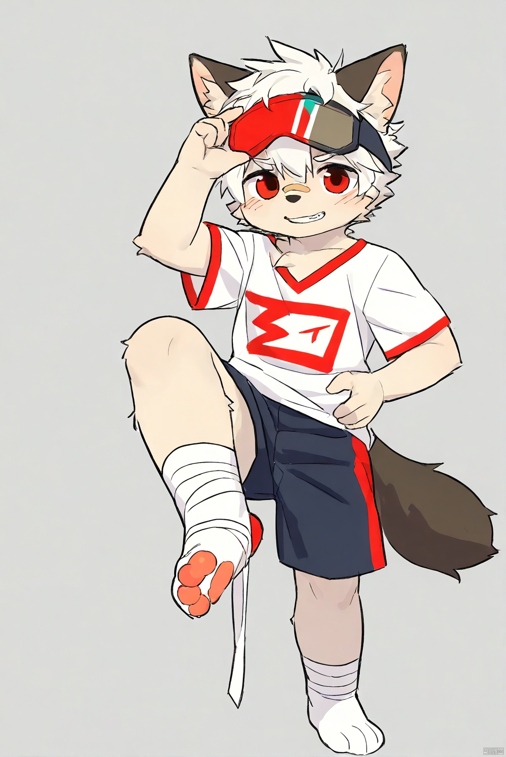 solo,male_child,shota.BREAK,,[bandage on left foot], (red t-clothes),(shorts),BREAK, (prefect_feets,prefect_hands,prefect_eyes:1.05), wide-angle,[looking at viewer], simple background, (hand on own hip),leg up,soles focus,BREAK, score_9,score_8_up,score_7_up,score_6_up,score_5_up,body fur,