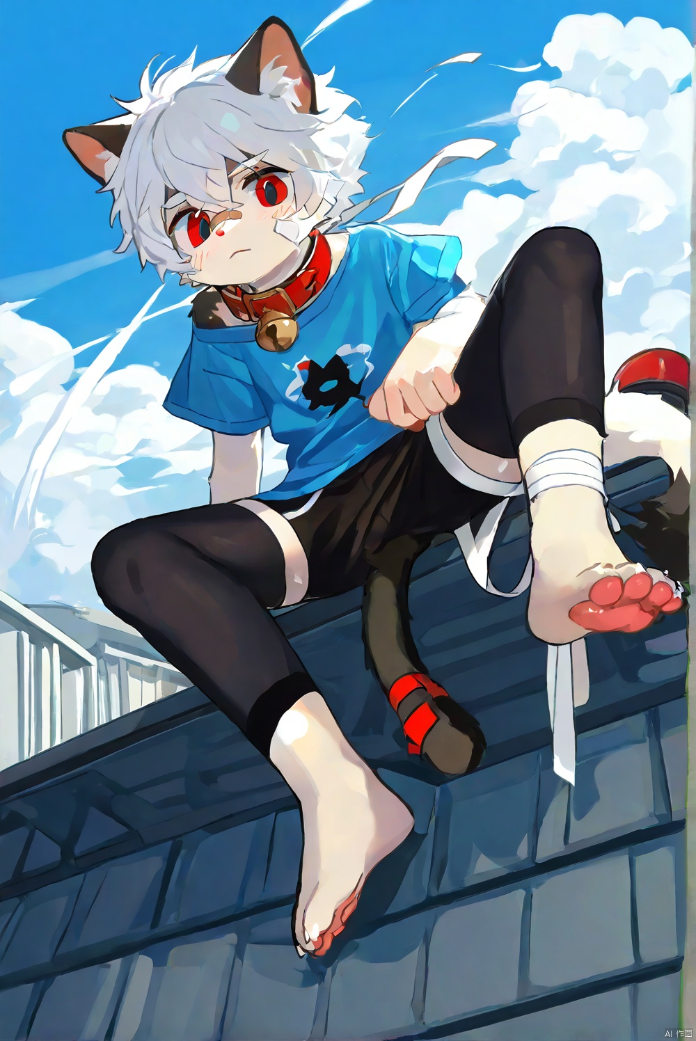 cat boy,1boy,solo,male_focus,(white_hair:0.8),red eyes,[bell on collar,Collar,Cortical collar,Large collar],(blue t-shirt,black_leggings under shorts,black bike_shorts),(barefoot) BREAK dutch angle,vanishing point,sitting on rooftop,(blue sky,cloud,wind),(masterpiece, best quality:1.1),foot focus,bandage on nose,bandage on leg,Tail decoration,cat tail,PVC Style,bare_shoulder,body fur,furry