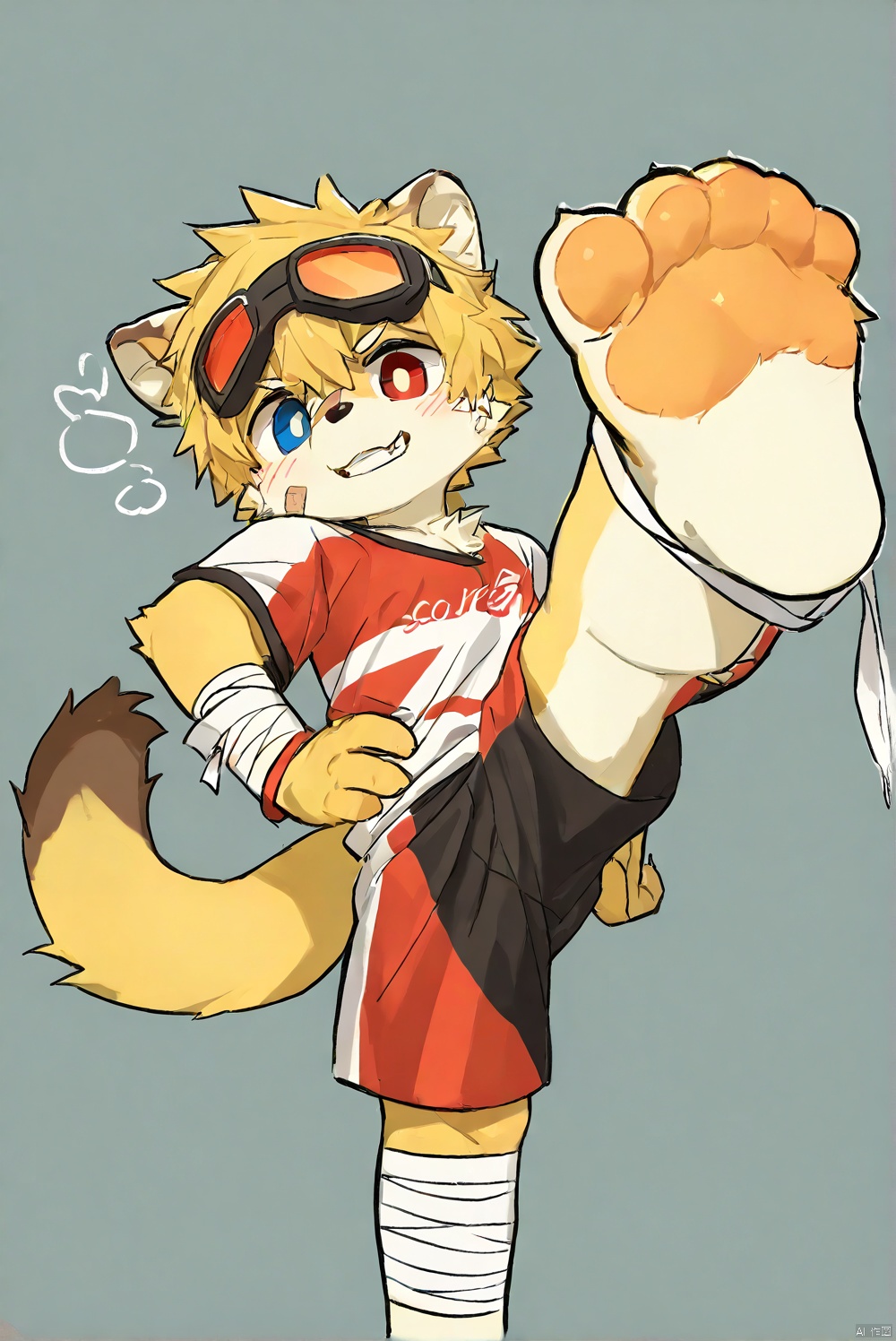 solo,male_child,shota.BREAK,,[bandage on left foot], (red t-clothes),(shorts),BREAK, (prefect_feets,prefect_hands,prefect_eyes:1.05), wide-angle,[looking at viewer], simple background, (hand on own hip),leg up,soles focus,BREAK, score_9,score_8_up,score_7_up,score_6_up,score_5_up,body fur,anthro,furry