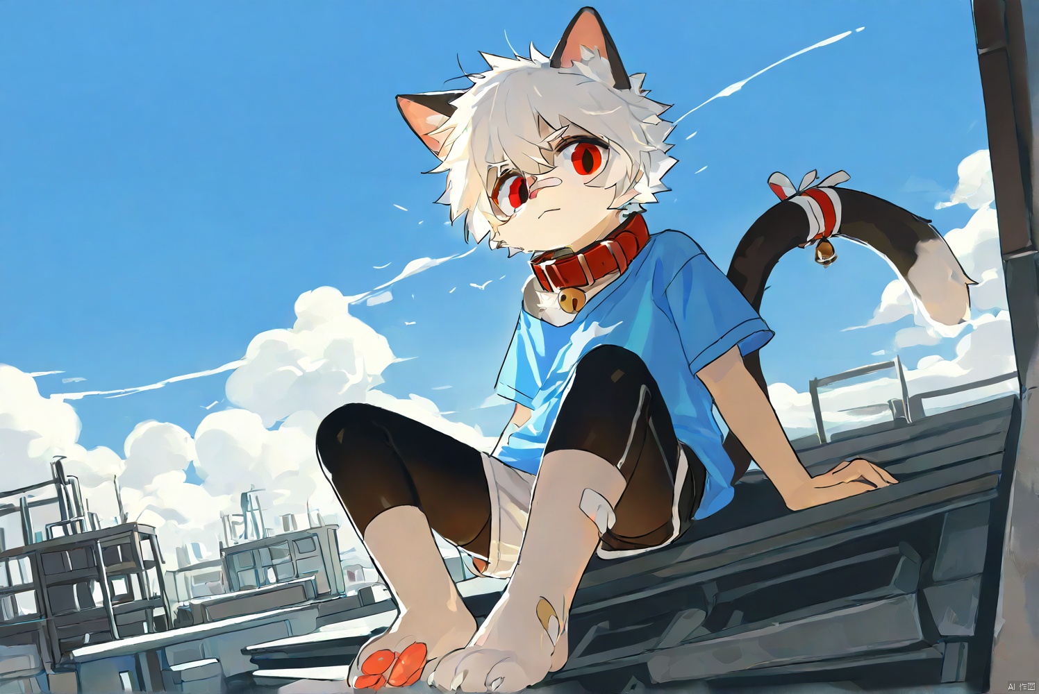 cat boy,1boy,solo,male_focus,(white_hair:0.8),red eyes,[bell on collar,Collar,Cortical collar,Large collar],(blue t-shirt,black_leggings under shorts,black bike_shorts),(barefoot) BREAK dutch angle,vanishing point,sitting on rooftop,(blue sky,cloud,wind),(masterpiece, best quality:1.1),foot focus,bandage on nose,bandage on leg,Tail decoration,cat tail,PVC Style,bare_shoulder,body fur,furry
