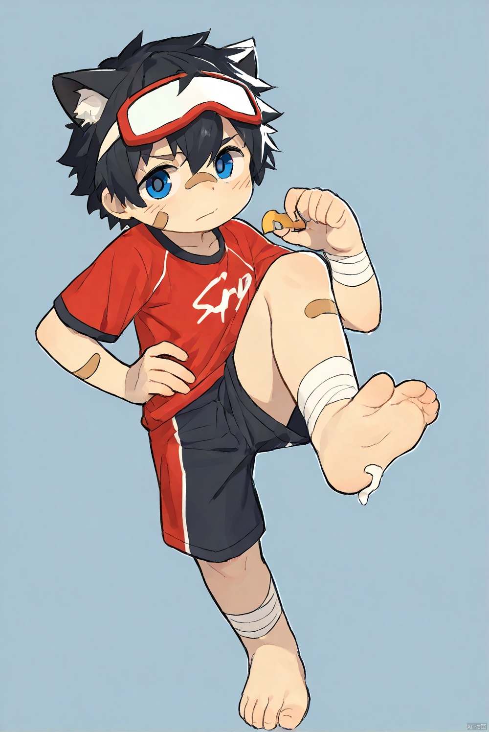 solo,male_child,shota.BREAK,,[bandage on left foot], (red t-clothes),(shorts),BREAK, (prefect_feets,prefect_hands,prefect_eyes:1.05), wide-angle,[looking at viewer], simple background, (hand on own hip),leg up,soles focus,BREAK, score_9,score_8_up,score_7_up,score_6_up,score_5_up,