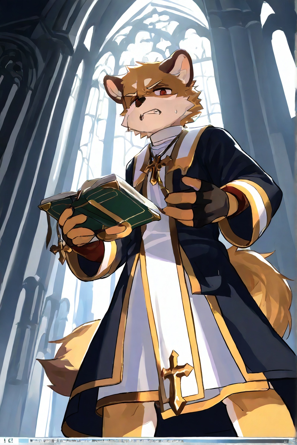 1boy,cleric,priest's clothing,fingerless_gloves,absurdres,artbook,church,open_book,from_below,furry,disgust,body fur
