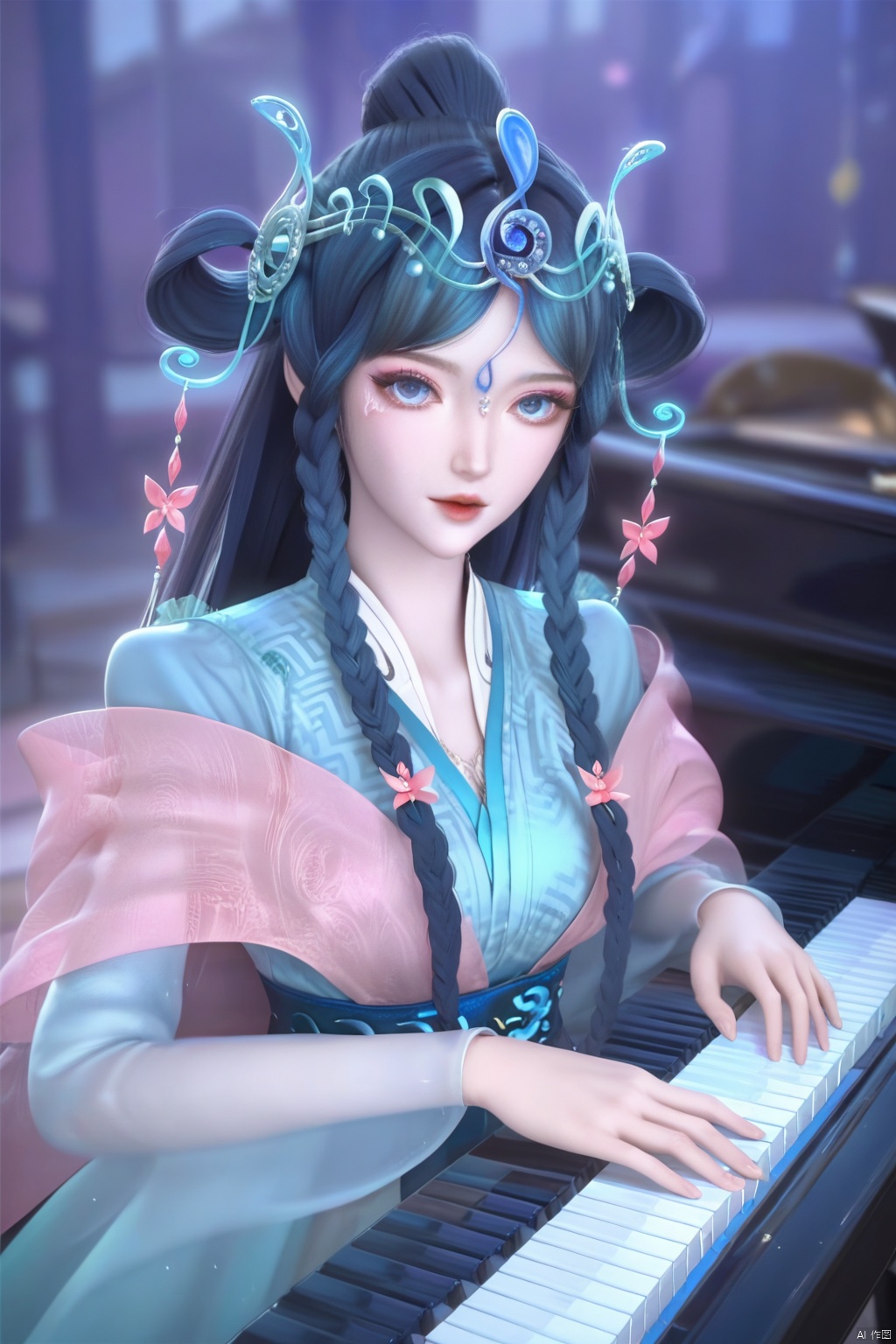 score_9,score_8_up,score_7_up,1girl,solo,long hair,looking at viewer,blue eyes,hair ornament,hair rings,,blue hair,braid,flower,twin braids,makeup,facial mark,forehead mark,flower,blue dress,chinese clothes,blurry background,piano,music,playing instrument,instrument,Musical Symbol,Musical notation,Aerial musical symbols surround the surroundings