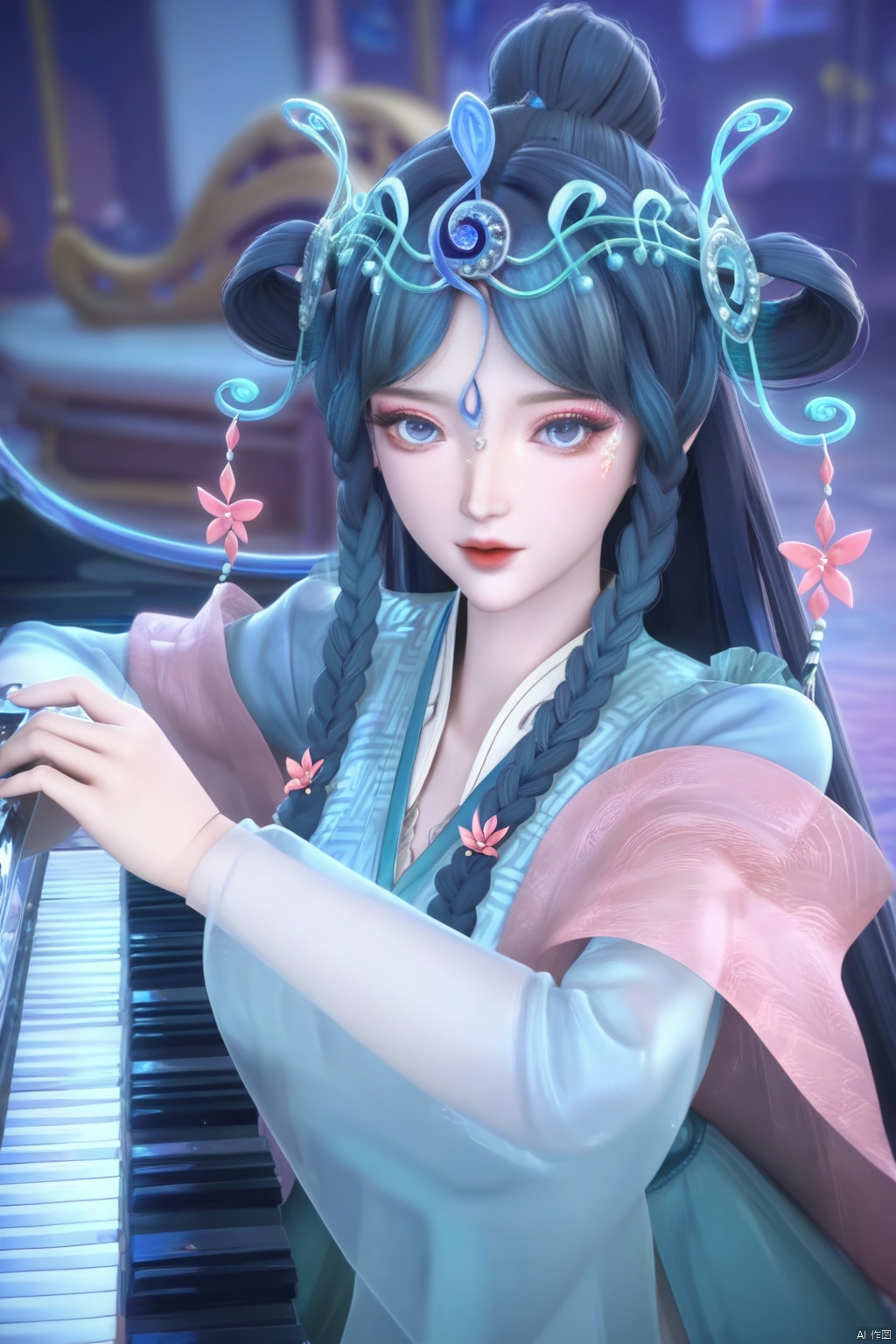 score_9,score_8_up,score_7_up,1girl,solo,long hair,looking at viewer,blue eyes,hair ornament,hair rings,,blue hair,braid,flower,twin braids,makeup,facial mark,forehead mark,flower,blue dress,chinese clothes,blurry background,piano,music,playing instrument,instrument,Musical Symbol,Musical notation,