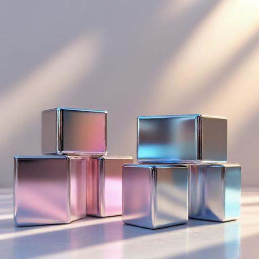 giving them a mirror-like finish. The cubes are arranged in a pyramid-like structure,  reflecting the surrounding colors a...