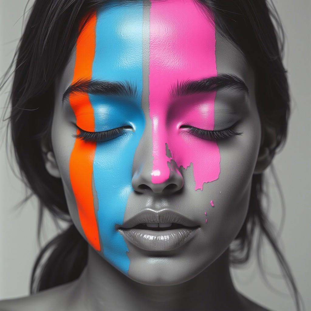 The image is a digital artwork featuring a close-up portrait of a woman's face. The woman has her eyes closed and is depic...