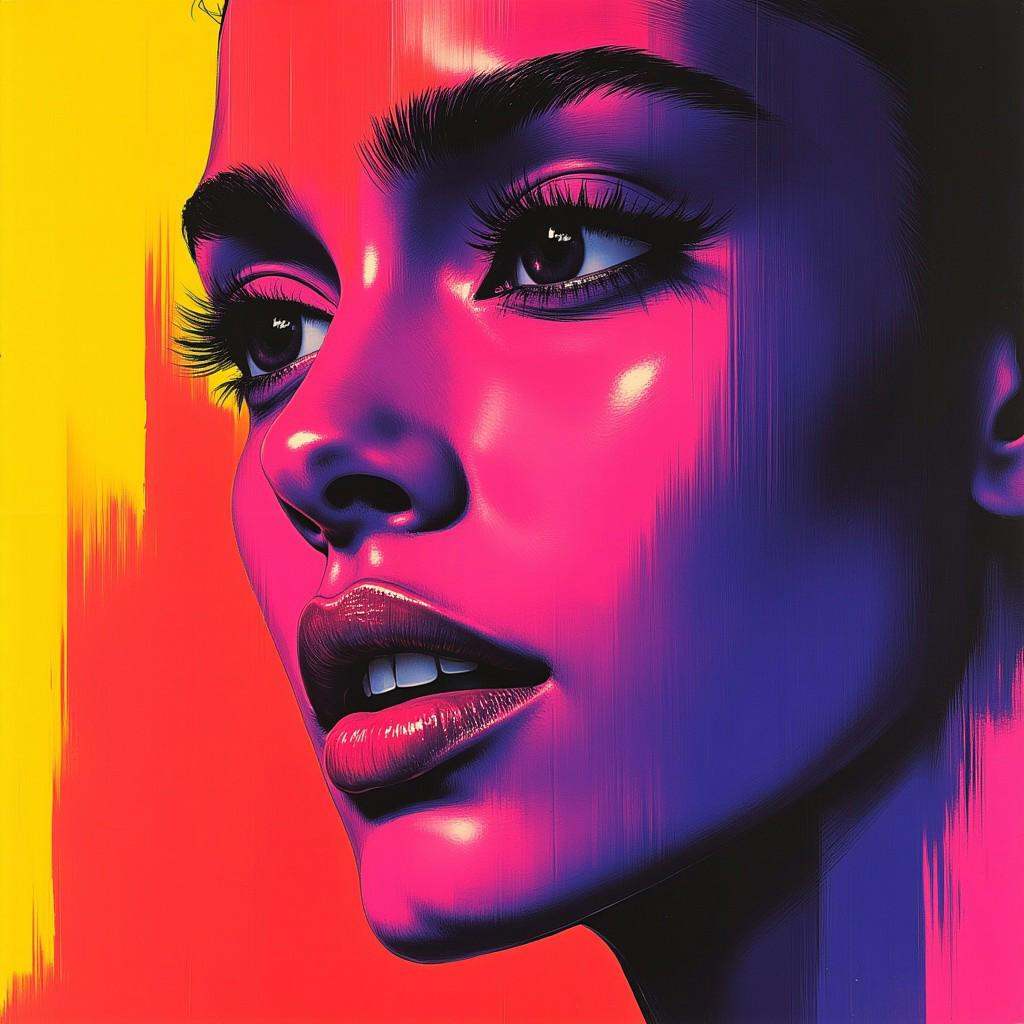 This image is a vibrant,  abstract digital painting featuring a stylized portrait of a woman's face. The artwork is execut...