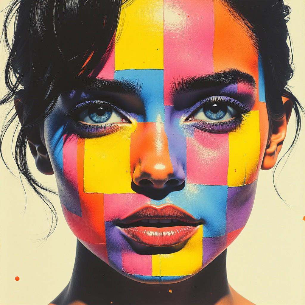 This is a digital artwork featuring a highly stylized portrait of a woman's face. The artwork is a collage of abstract,  g...