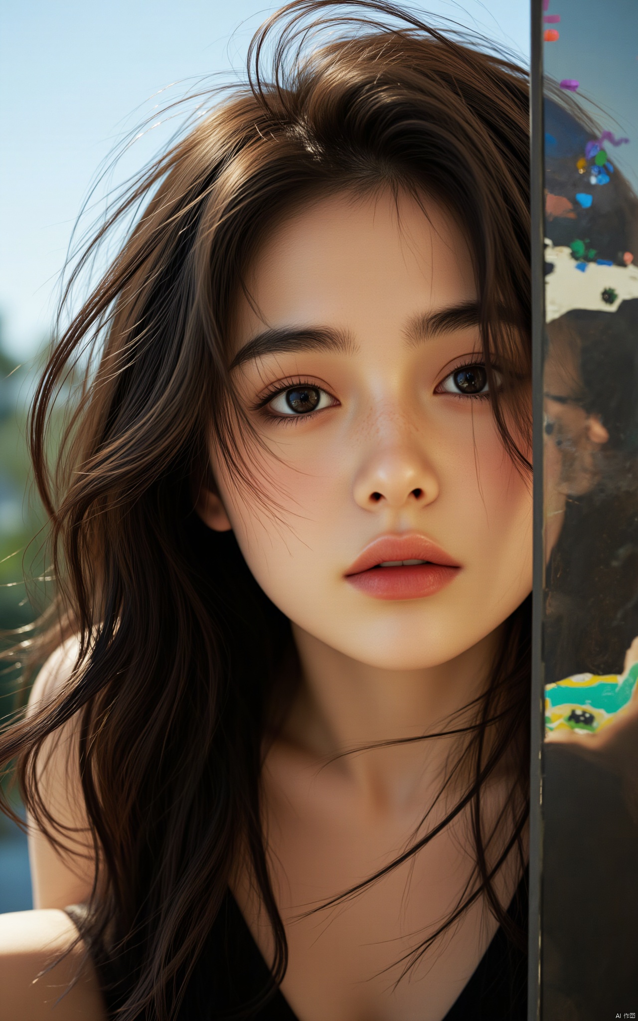 Using fault art, the background is pixelated and colorful cutting and pasting, double exposure, character dissipation using pixelation and cutting and pasting technology, close-up shot of a Asian woman, sexy long hair, charming and seductive temperament, distant close-up, golden ratio, movie texture, minimalism, high-end feeling, strong contrast between cold and warm, outdoor scenes, cyberpunk style, oil painting, mosaic, splicing, thick coating