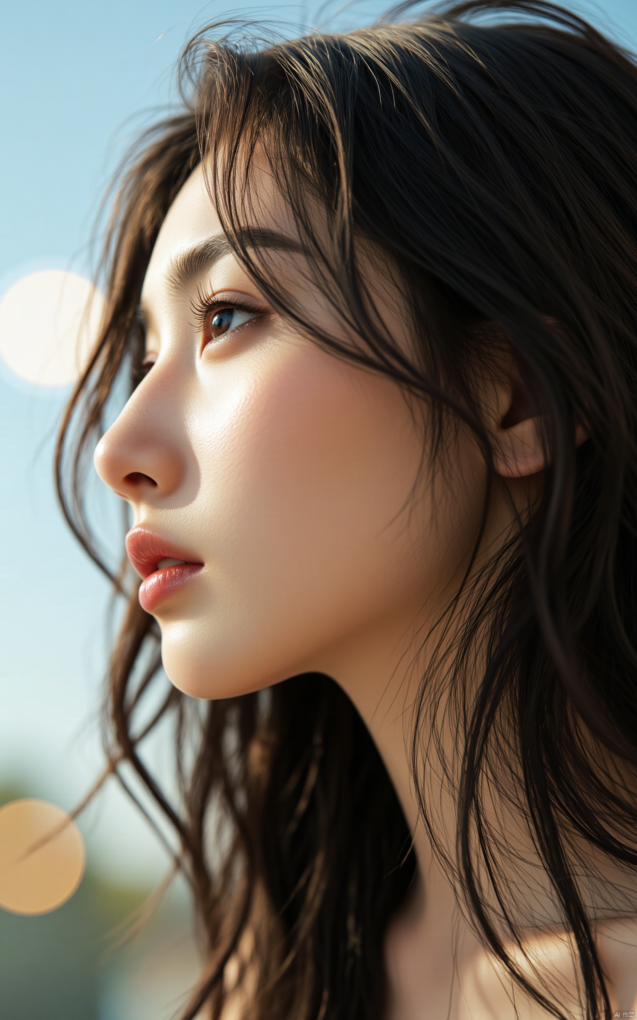 Using fault art, the background is pixelated and colorful cutting and pasting, double exposure, character dissipation using pixelation and cutting and pasting technology, close-up shot of a Asian woman, sexy long hair, charming and seductive temperament, distant close-up, golden ratio, movie texture, minimalism, high-end feeling, strong contrast between cold and warm, outdoor scenes, cyberpunk style, oil painting, mosaic, splicing, thick coating