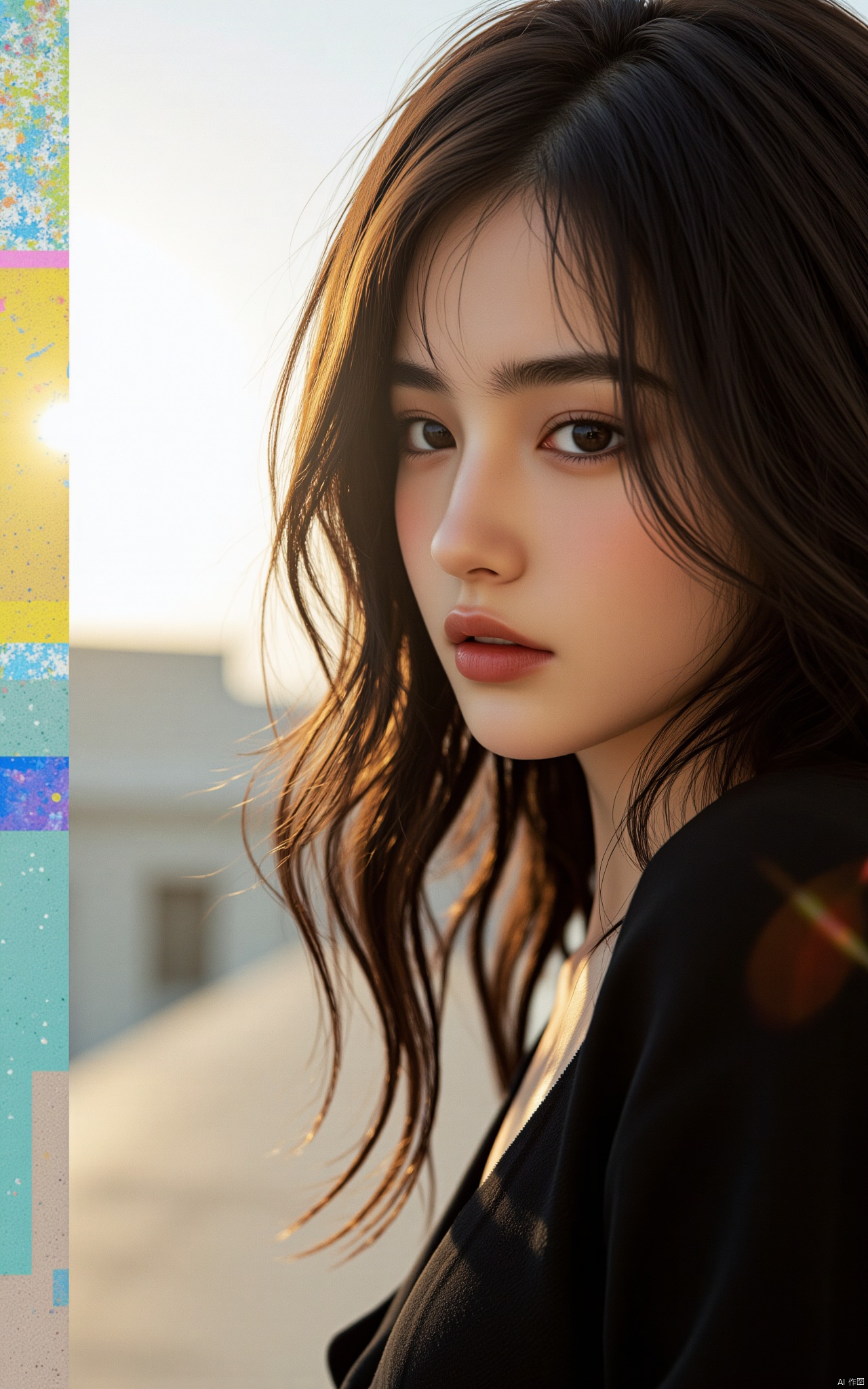 Using fault art, the background is pixelated and colorful cutting and pasting, double exposure, character dissipation using pixelation and cutting and pasting technology, close-up shot of a Asian woman, sexy long hair, charming and seductive temperament, distant close-up, golden ratio, movie texture, minimalism, high-end feeling, strong contrast between cold and warm, outdoor scenes, cyberpunk style, oil painting, mosaic, splicing, thick coating