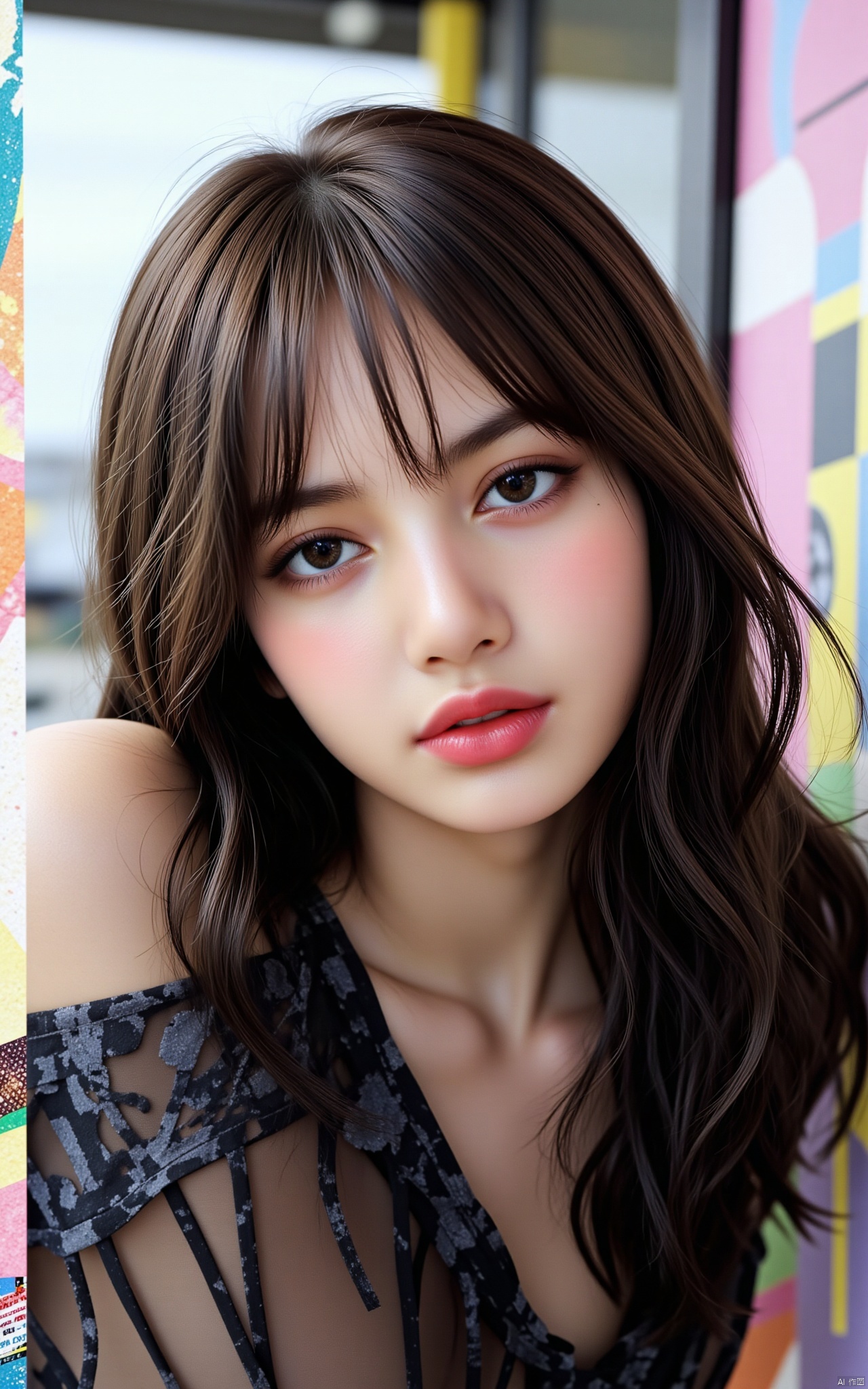 Using fault art, the background is pixelated and colorful cutting and pasting, double exposure, character dissipation using pixelation and cutting and pasting technology, close-up shot of a Asian woman, sexy long hair, charming and seductive temperament, distant close-up, golden ratio, movie texture, minimalism, high-end feeling, strong contrast between cold and warm, outdoor scenes, cyberpunk style, oil painting, mosaic, splicing, thick coating,Lisa
