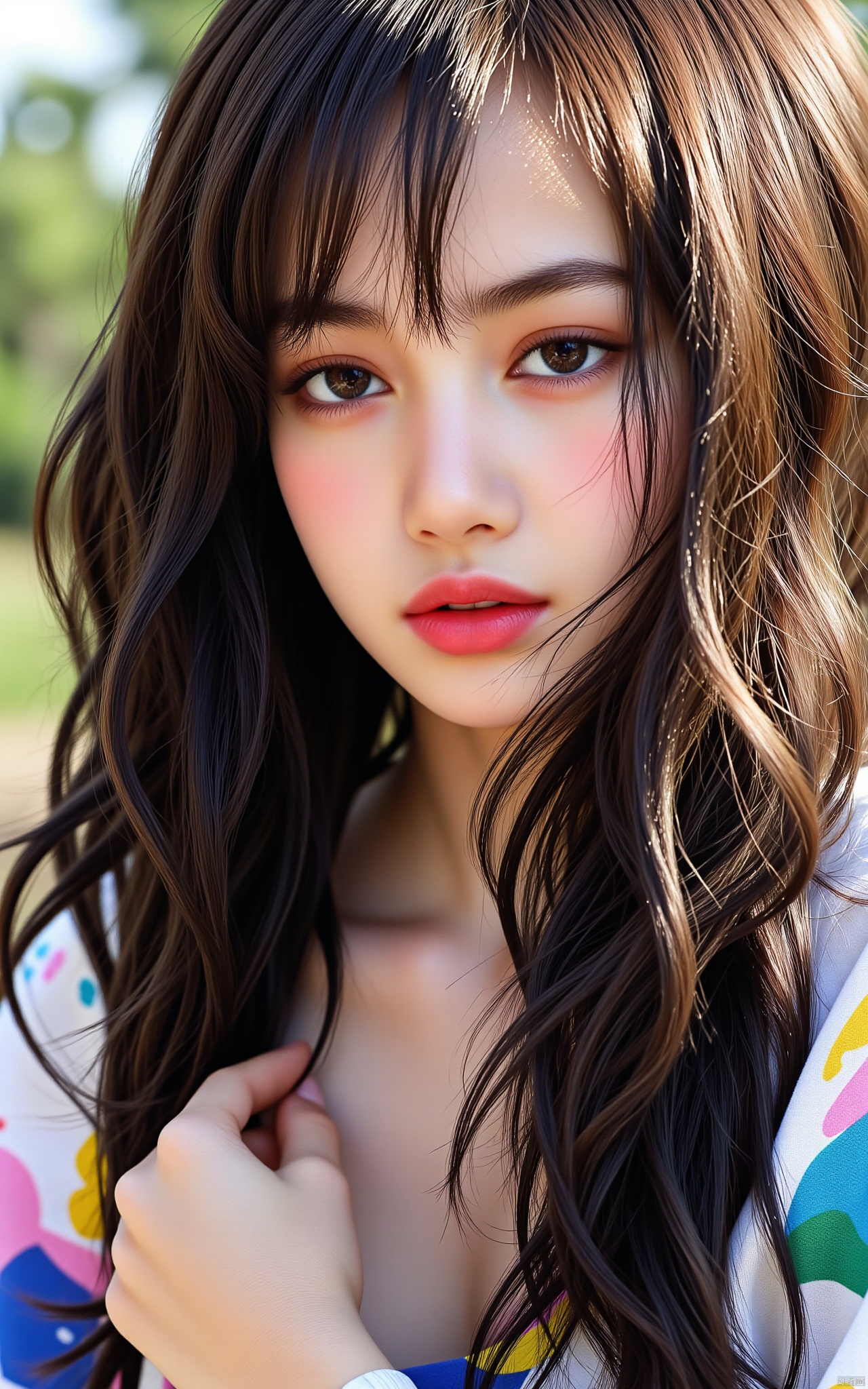 Using fault art, the background is pixelated and colorful cutting and pasting, double exposure, character dissipation using pixelation and cutting and pasting technology, close-up shot of a Asian woman, sexy long hair, charming and seductive temperament, distant close-up, golden ratio, movie texture, minimalism, high-end feeling, strong contrast between cold and warm, outdoor scenes, cyberpunk style, oil painting, mosaic, splicing, thick coating,Lisa