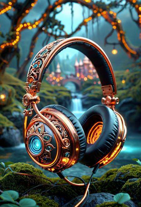 best quality,  RAW photo of an elaborate head phones with whimsical elements,  magical fairytale landscape on Tensor.Art