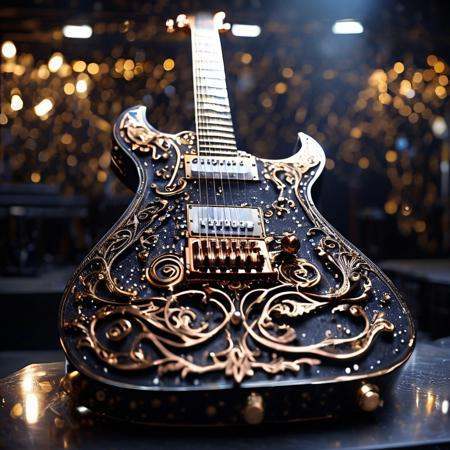 RAW photo of a very detailed reflective guitar with whimsical elements,  dark studio,  magical glowing podium on Tensor.Art