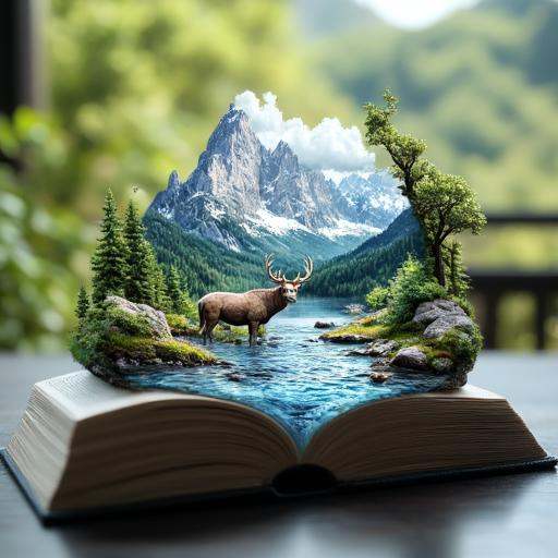 worn book,  with the text inside not visible. The book's pages form a frame around the enchanting landscape inside. The sc...