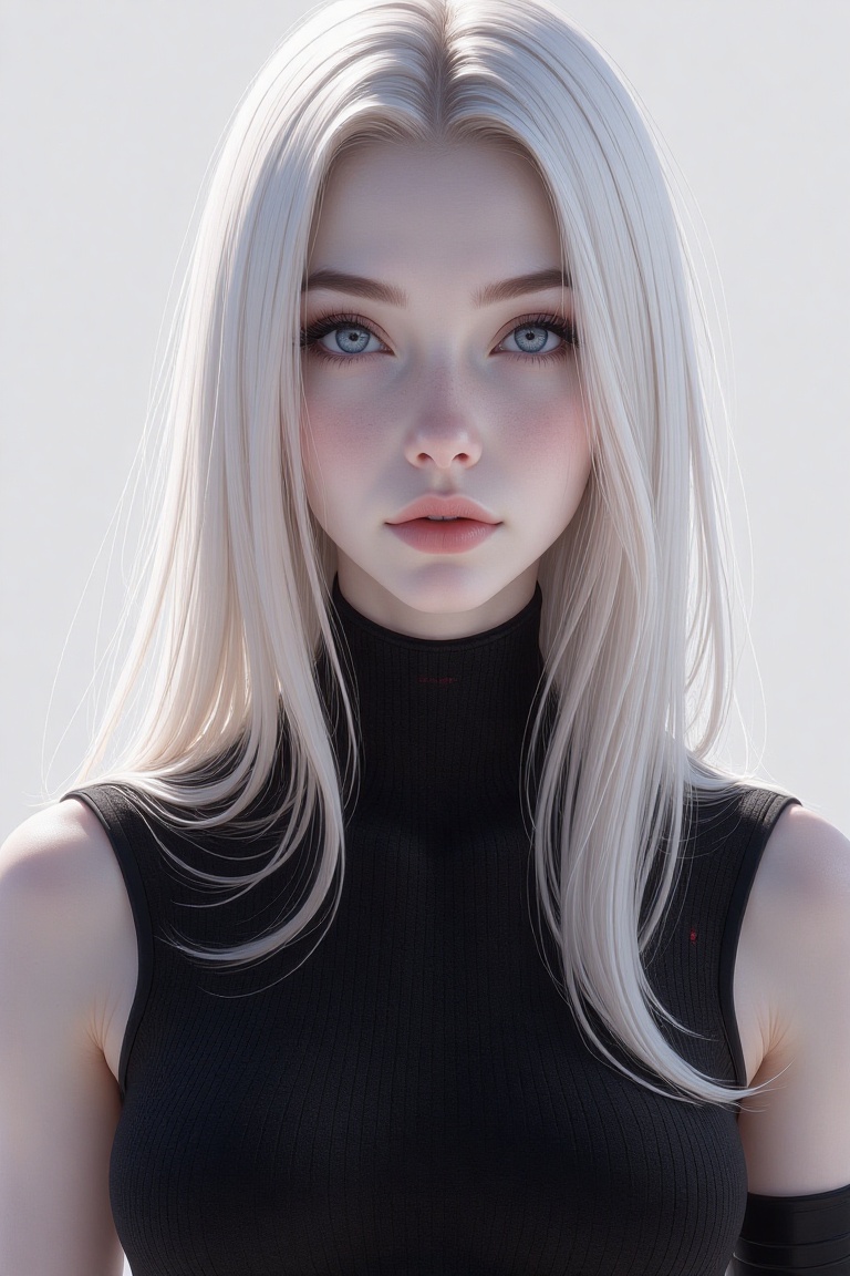 A striking portrait of a youthful woman with an ethereal presence. Her flawless,  porcelain-like skin reflects a delicate...