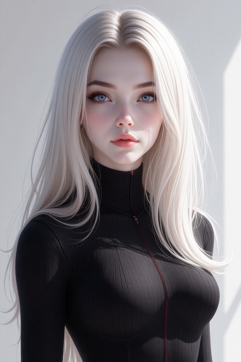 A striking portrait of a youthful woman with an ethereal presence. Her flawless,  porcelain-like skin reflects a delicate...