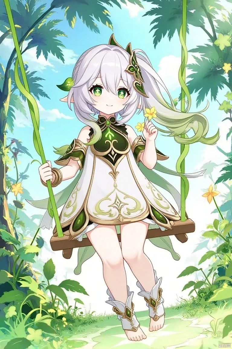 A 1girl character, Nahida (Genshin Impact), with long white hair, gradient multicolored sidelocks, and a side ponytail, sitting on a swing in a full-body shot. She has pointy ears, green eyes with cross-shaped pupils, and a closed mouth smile, looking at the viewer. She wears a white dress with short sleeves and detached sleeves, adorned with a hair ornament, jewelry, and a bracelet. Her hair is between her eyes, and she has bangs. She is holding a flower and sitting barefoot with white socks, toeless legwear, and stirrup legwear. The scene is set under a tree with plants around, featuring her feet and toes visible.