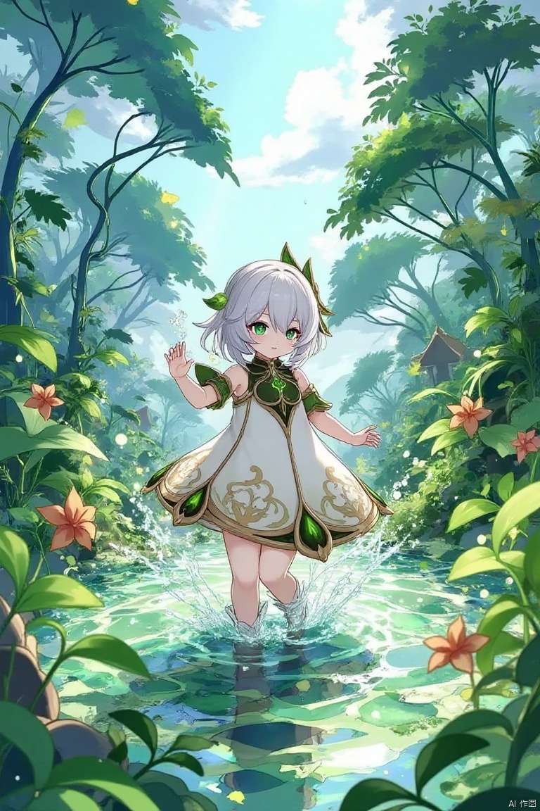 A girl plays with water in the water forest with white hair,nxd,