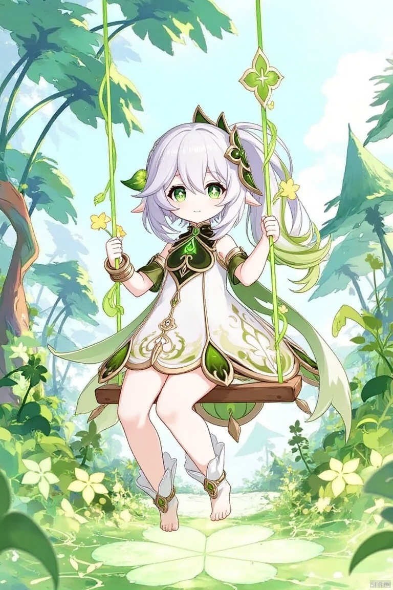 A 1girl character, Nahida (Genshin Impact), with long white hair, gradient multicolored sidelocks, and a side ponytail, sitting on a swing in a full-body shot. She has pointy ears, green eyes with cross-shaped pupils, and a closed mouth smile, looking at the viewer. She wears a white dress with short sleeves and detached sleeves, adorned with a hair ornament, jewelry, and a bracelet. Her hair is between her eyes, and she has bangs. She is holding a flower and sitting barefoot with white socks, toeless legwear, and stirrup legwear. The scene is set under a tree with plants around, featuring her feet and toes visible.nxd,