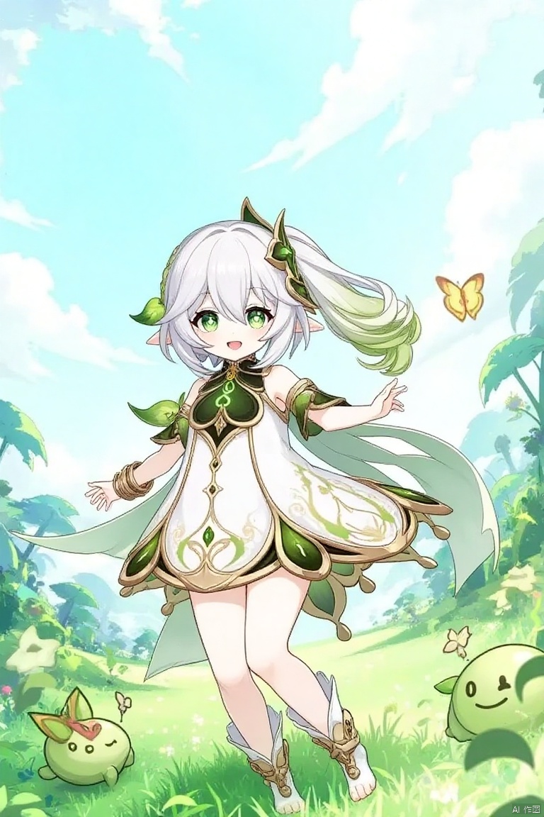 A 1girl character with long white hair, gradient multicolored sidelocks, and a side ponytail, standing on one leg outdoors on a grassy field. She has pointy ears, green eyes with symbol-shaped pupils, and a smile with an open mouth, looking at the viewer. She wears a white sleeveless dress with detached sleeves and a cape, adorned with a hair ornament, jewelry, and a bracelet. Her hair is between her eyes, and she has bangs and a braid. The scene is set against a cloudy sky with a blurry depth of field, featuring a butterfly and a slime (Genshin Impact) nearby. Nahida (Genshin Impact) is the character depicted.