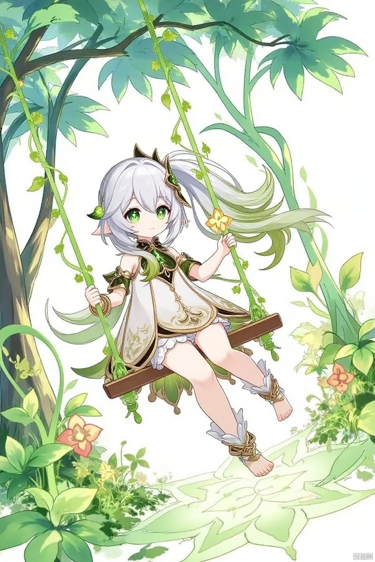 A 1girl character, Nahida (Genshin Impact), with long white hair, gradient multicolored sidelocks, and a side ponytail, sitting on a swing in a full-body shot. She has pointy ears, green eyes with cross-shaped pupils, and a closed mouth smile, looking at the viewer. She wears a white dress with short sleeves and detached sleeves, adorned with a hair ornament, jewelry, and a bracelet. Her hair is between her eyes, and she has bangs. She is holding a flower and sitting barefoot with white socks, toeless legwear, and stirrup legwear. The scene is set under a tree with plants around, featuring her feet and toes visible.