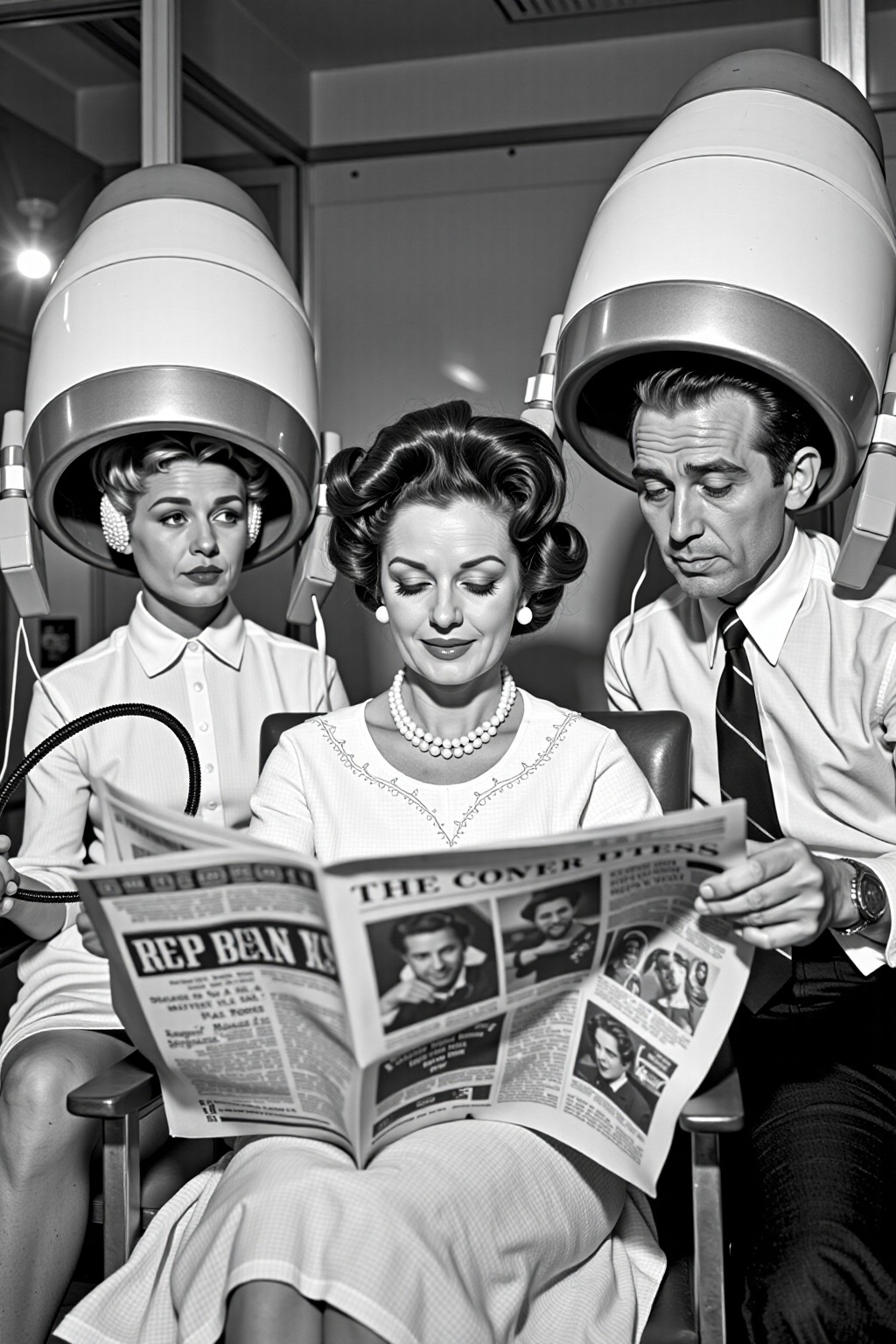 black and white vintage photo of a woman in a white dress and pearl necklace is seated in a chair,  reading a newspaper. S...