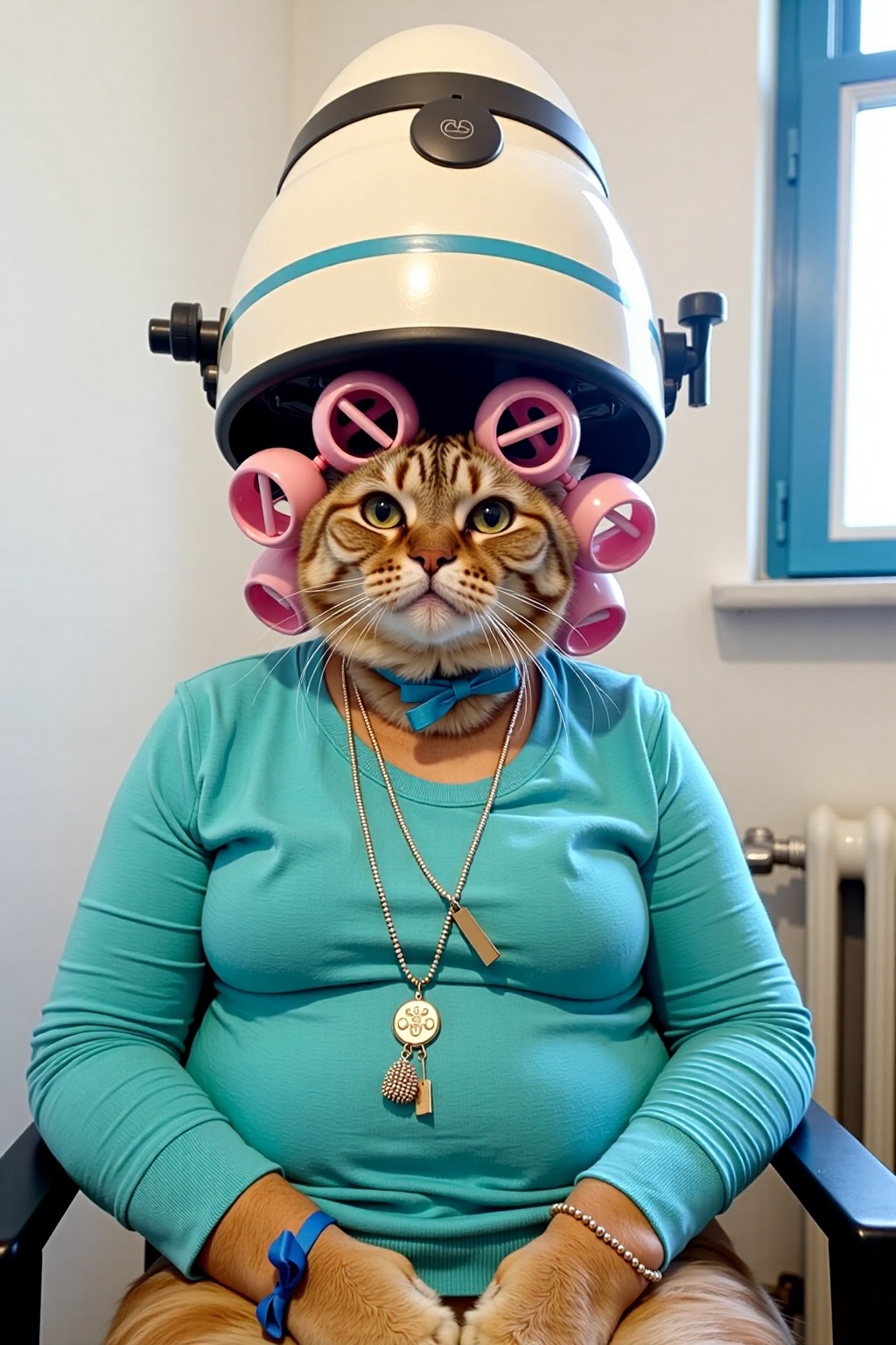 a cat is wearing a teal long-sleeved t-shirt,  adorned with a necklace and a bracelet. The cat is under a vintage hair dry...