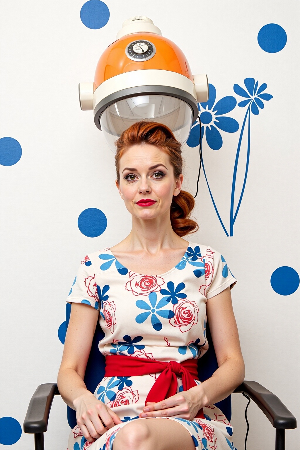 a woman is seated on a chair,  her hair is styled in an orange and white vintage hair dryer. She is wearing a sleeveless d...