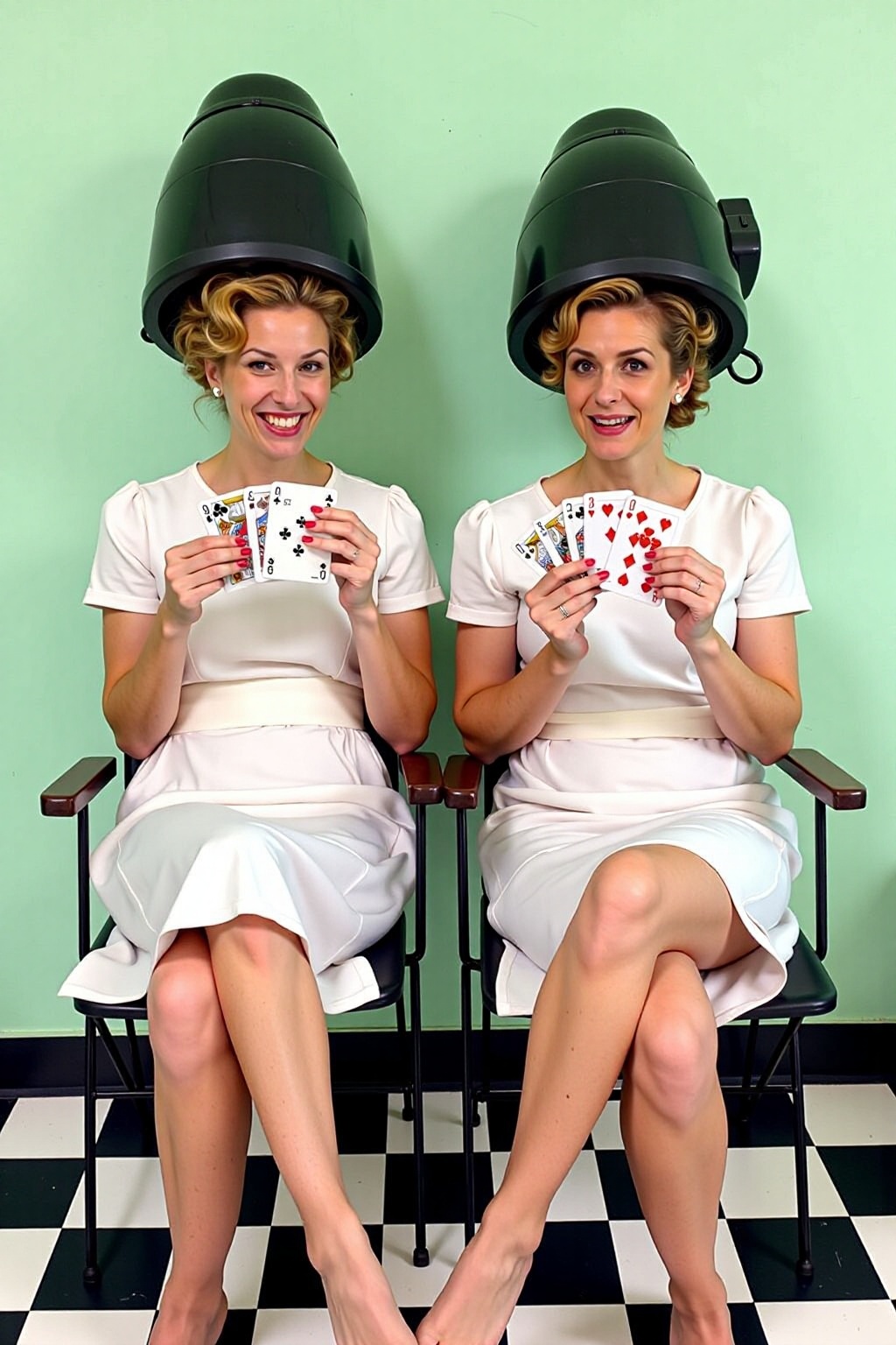 two women are seated on black folding chairs,  each holding a deck of cards in their hands. The women are dressed in a whi...