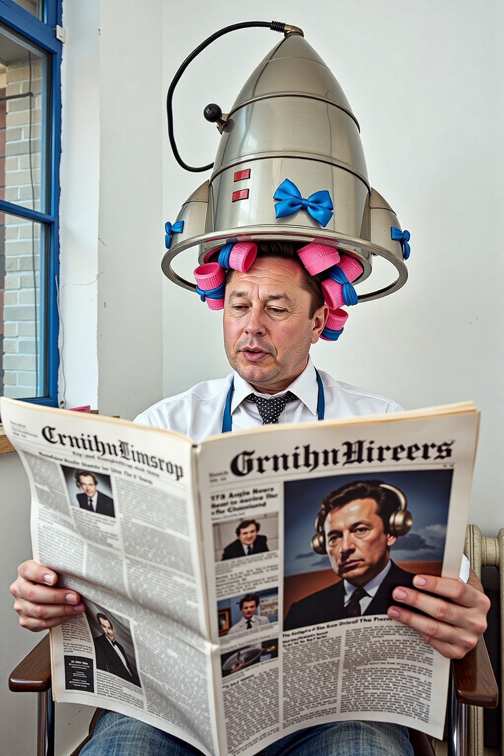 Elon Musk is reading a newpaper. He is wearing a vintage hair dryer that looks like a starship rocket,  with curling curle...
