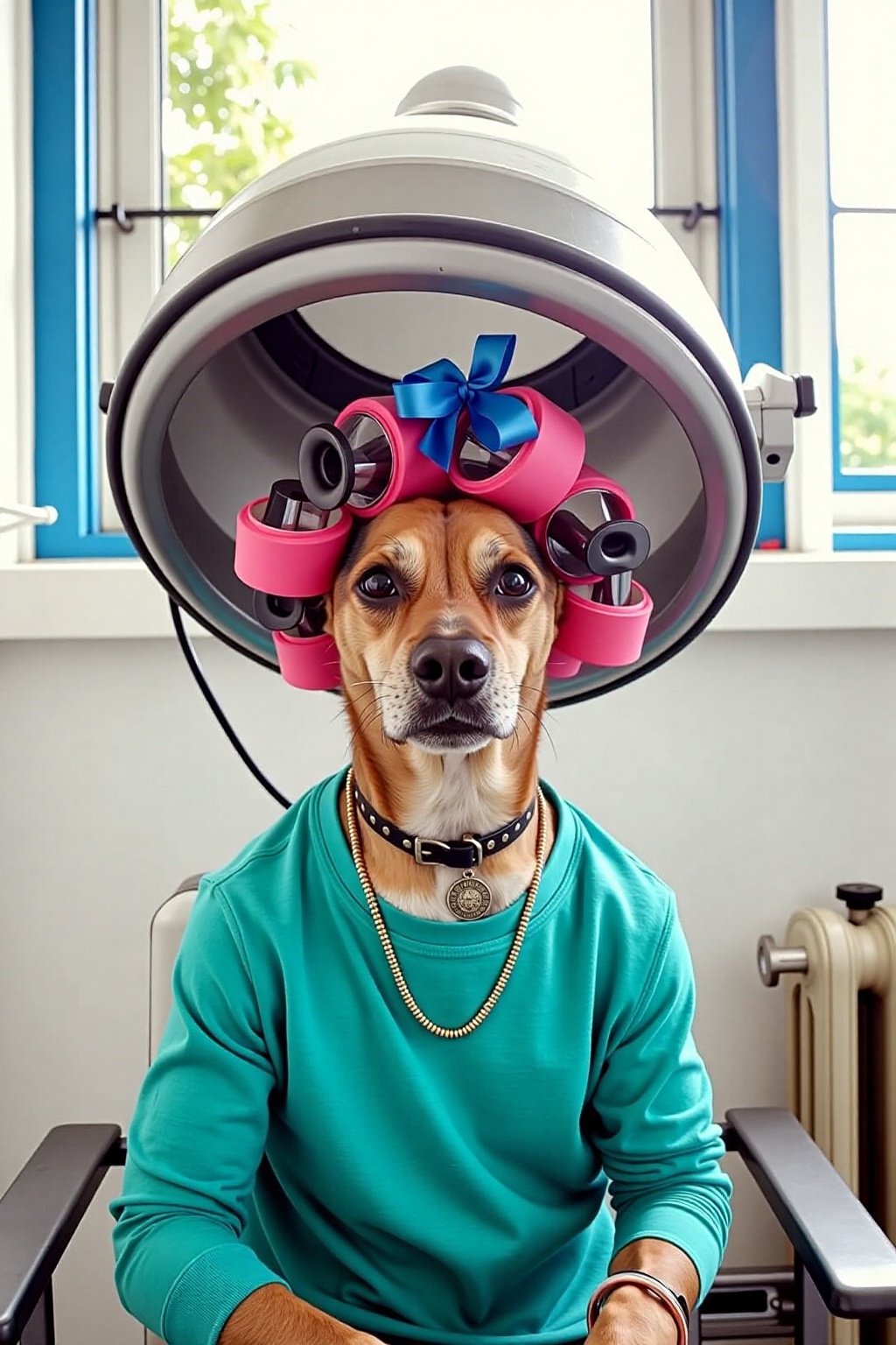 a dog is wearing a teal long-sleeved t-shirt,  adorned with a necklace and a bracelet. The dog is under a large vintage ha...