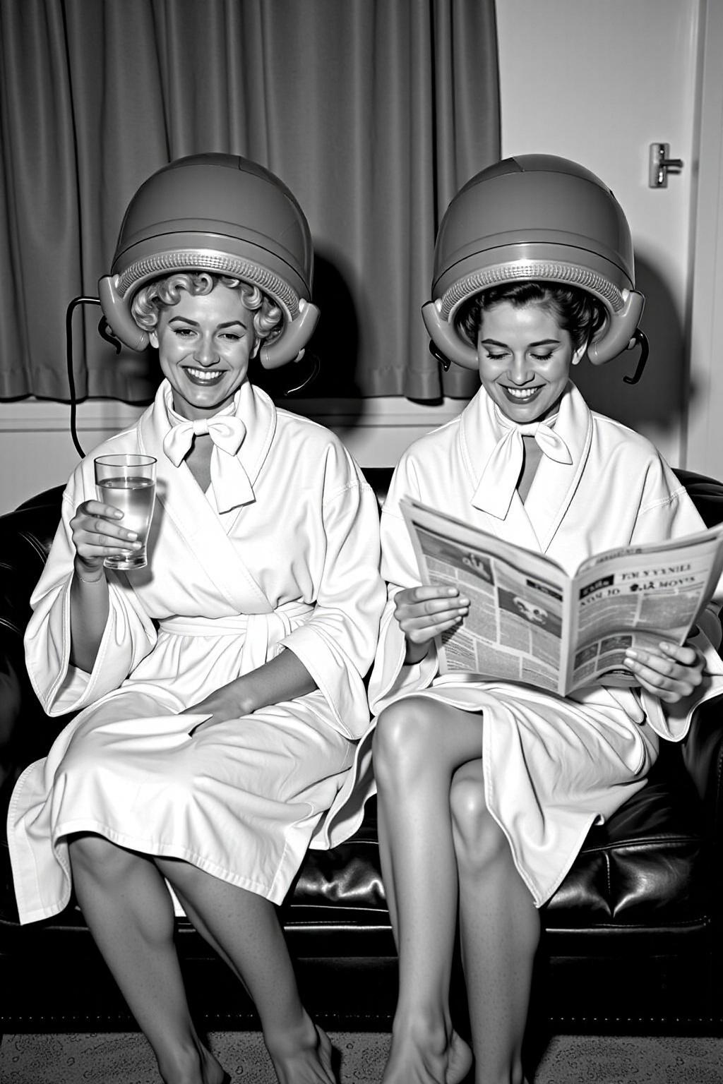 black and white photograph,  two women are seated on a black couch,  each dressed in a white robe on Tensor.Art