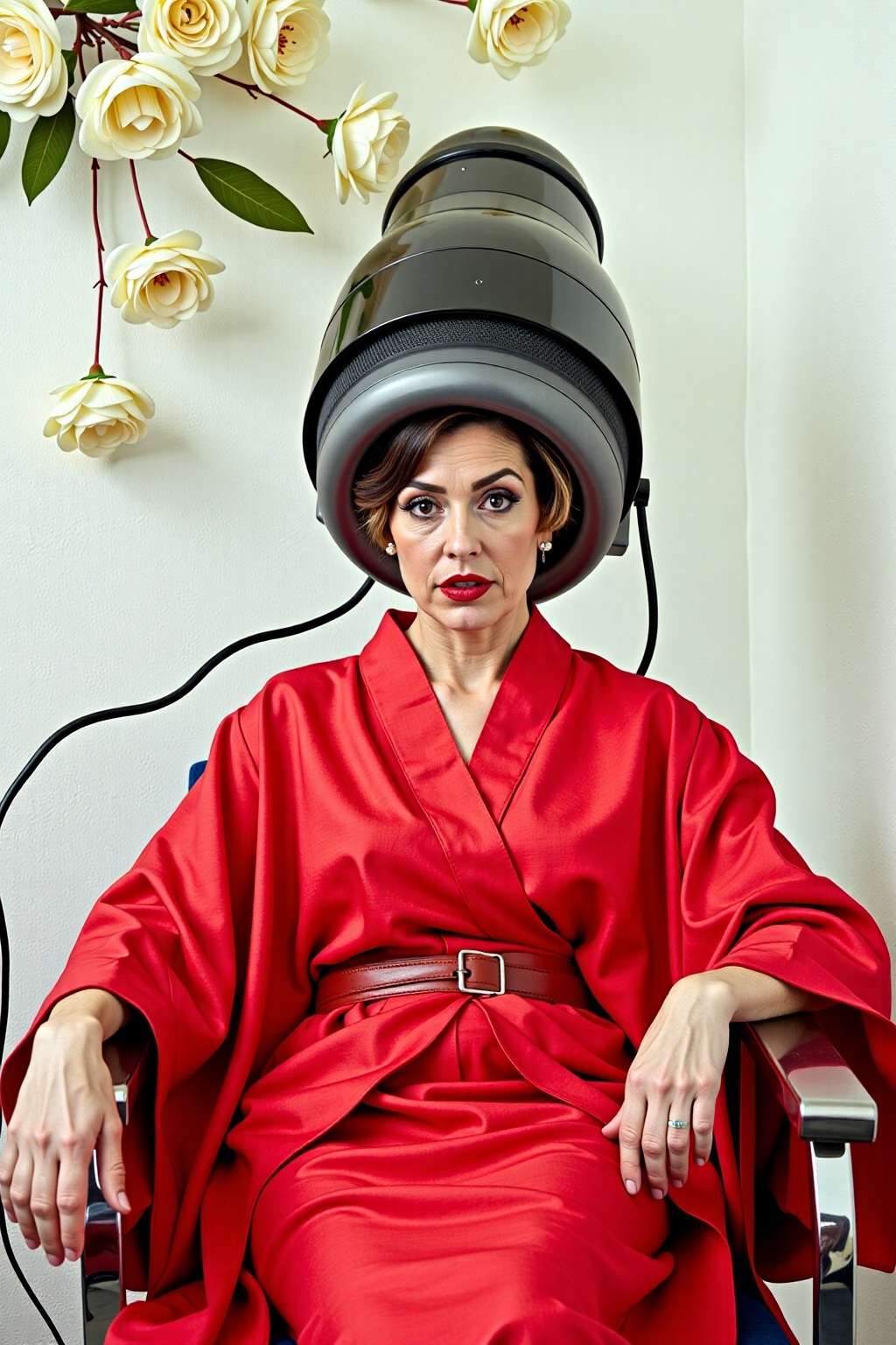a woman in a red kimono is seated on a chair,  her left arm resting on the armrest of the chair. Her right arm is stretche...