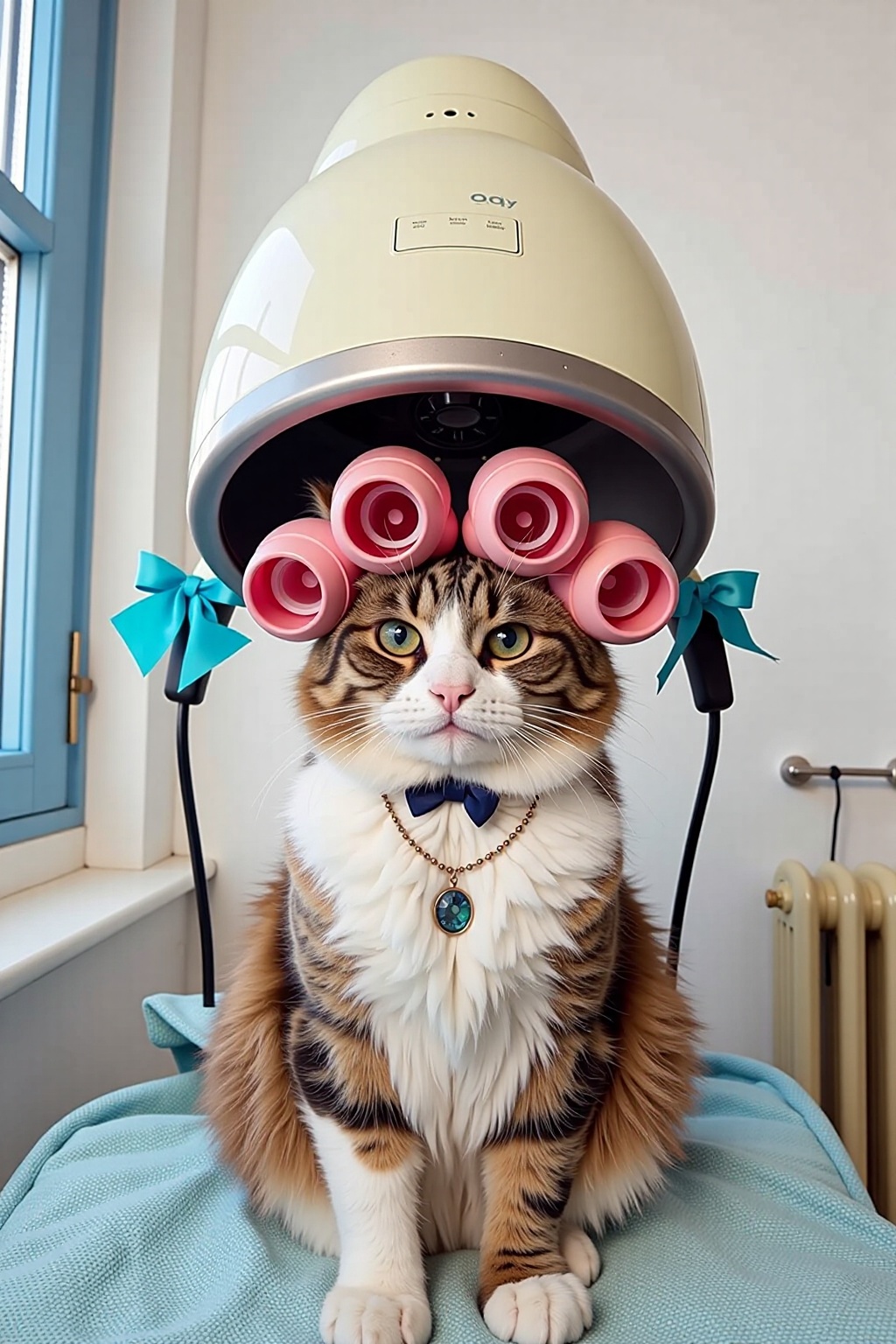 a cat is wearing a a necklace and a bracelet. The cat is under a vintage hair dryer,  with curling curlers and pink curlin...