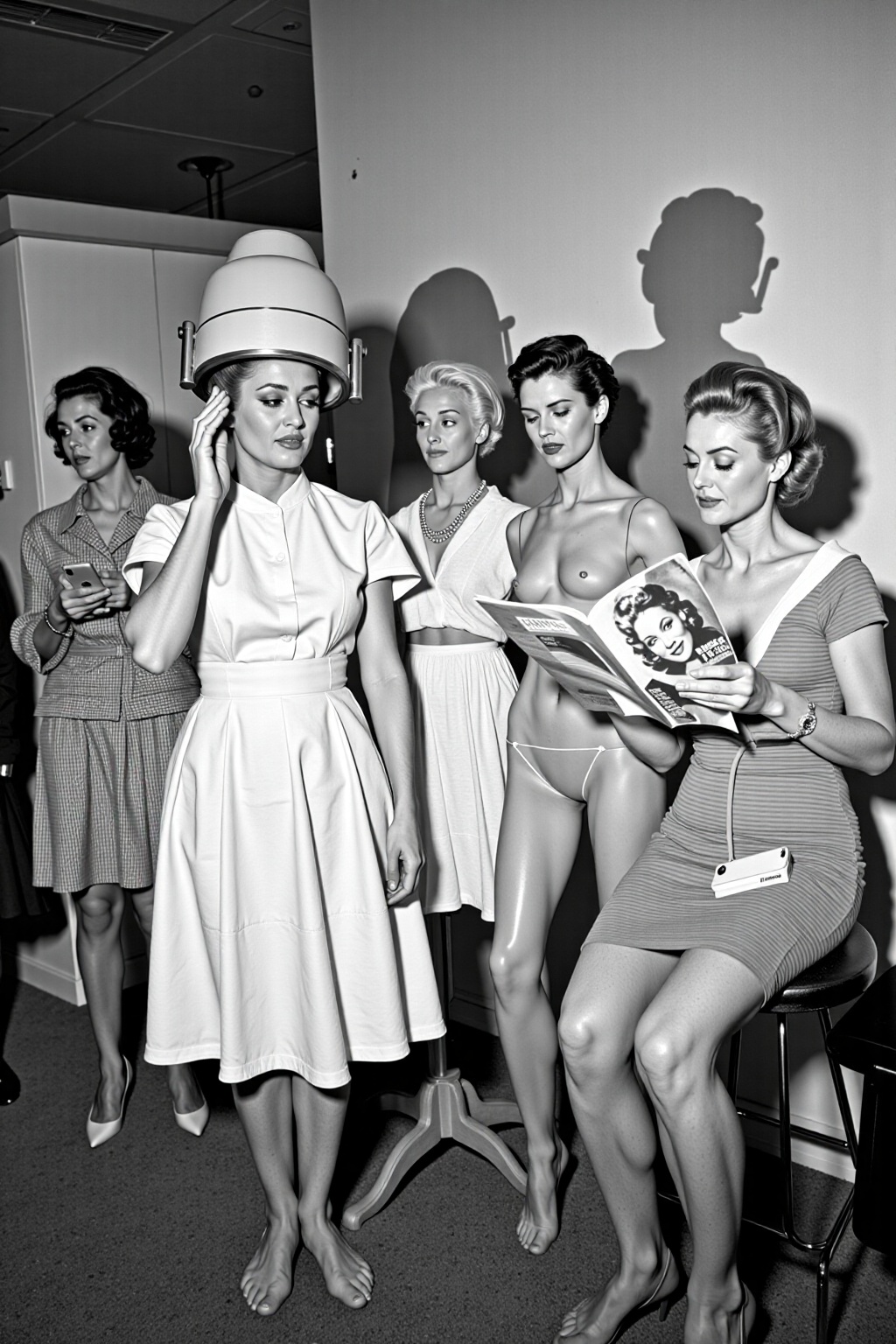 a black and white monochromatic photograph of a woman in a white dress stands in front of two mannequins. The womanis wear...
