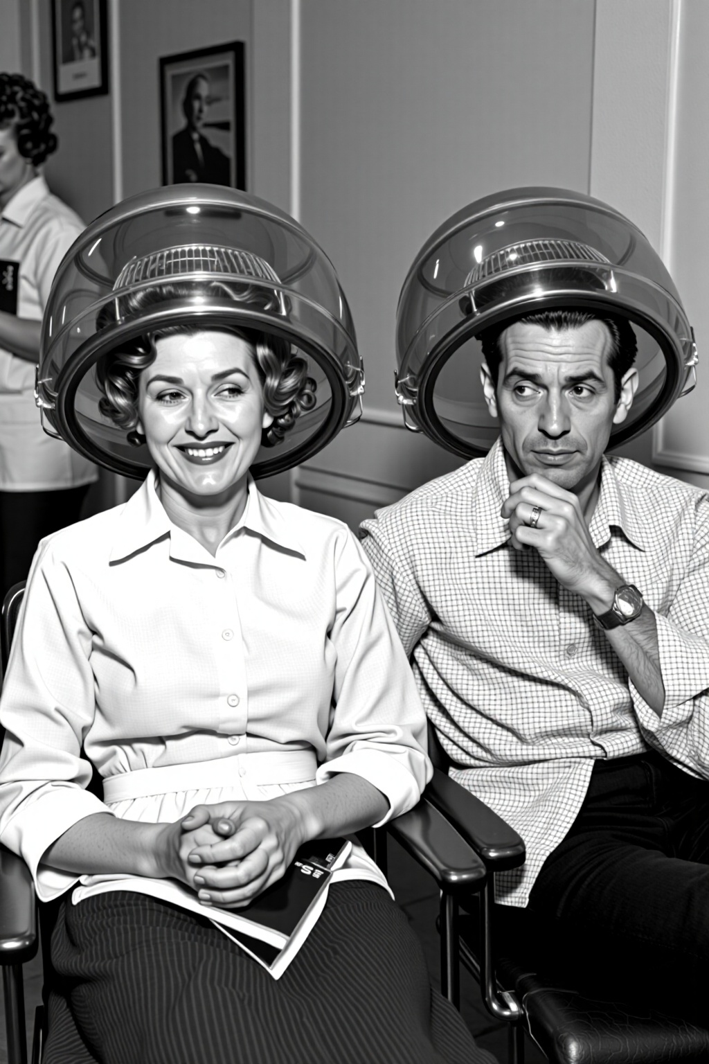 a black and white vintage photo of,  two women are seated in a chair,  each with their hair styled in a round on Tensor.Art