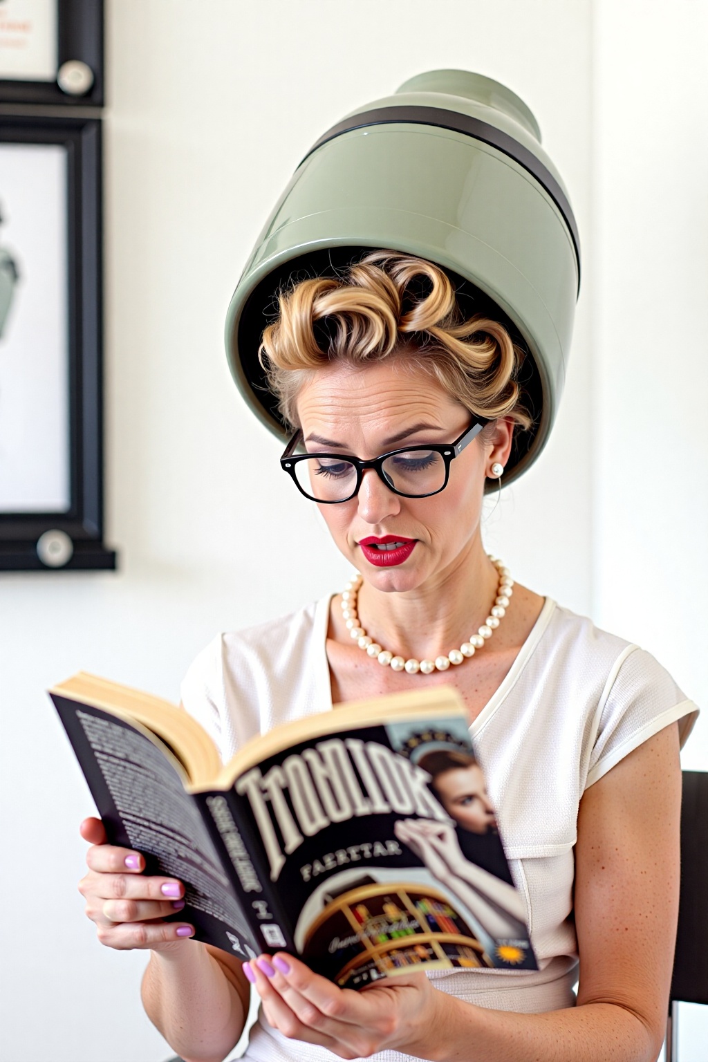 a woman with blonde hair,  wearing a white dress and a pearl necklace,  is reading a book. She is wearing a pair of eye gl...