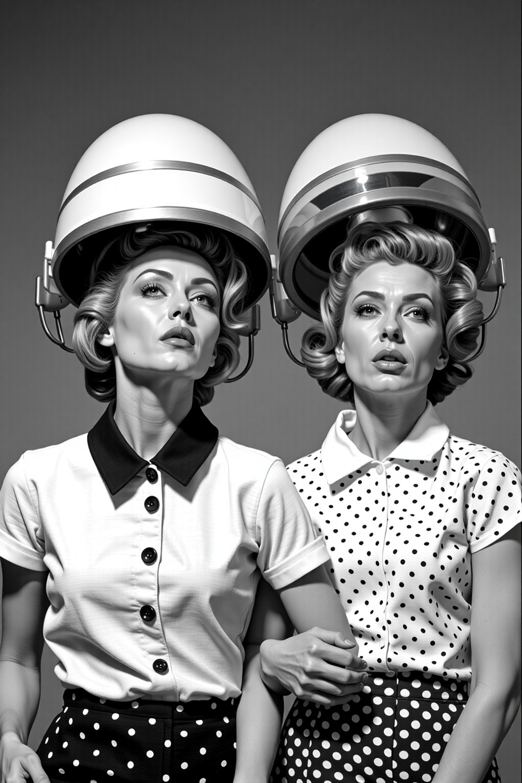 a black and white photo of two women stand side by side,  their heads tilted slightly to the left. Both women are dressed...