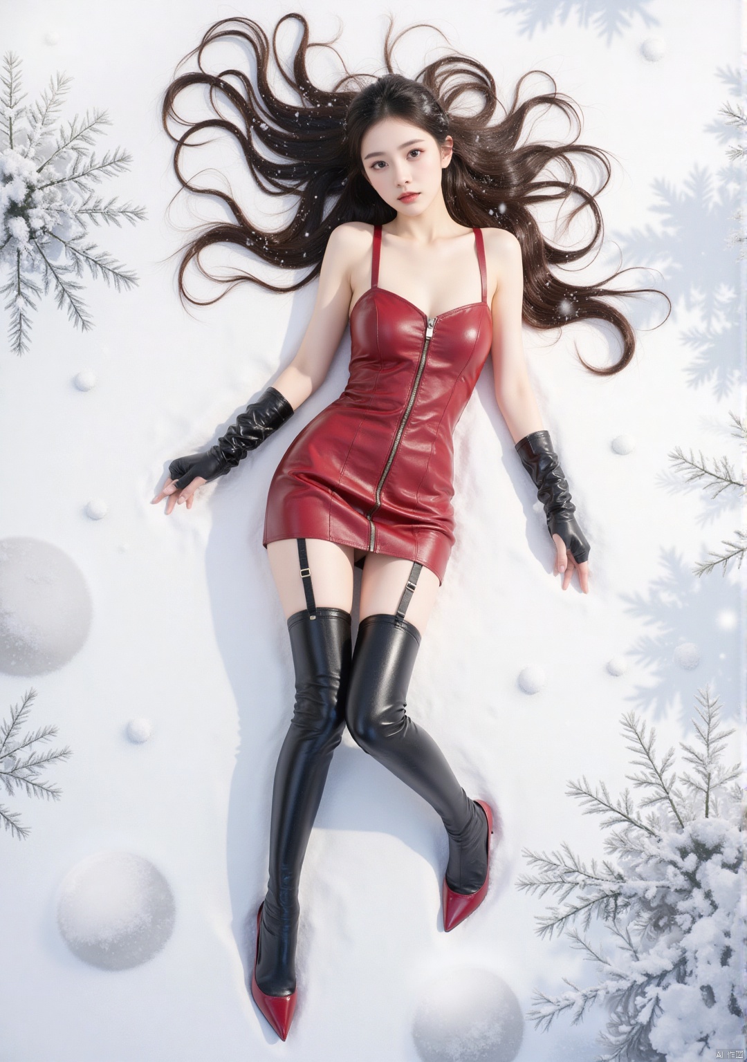 Realistic photo, 1girl, long flowing hair, fair skin, big breasts, bare shoulders, red leather top, red short leather skirt, long legs, garters, leather stockings, red high heels, full body, lying in the snow , (falling snow), (body covered with snow), heavy snow, Christmas, top view,