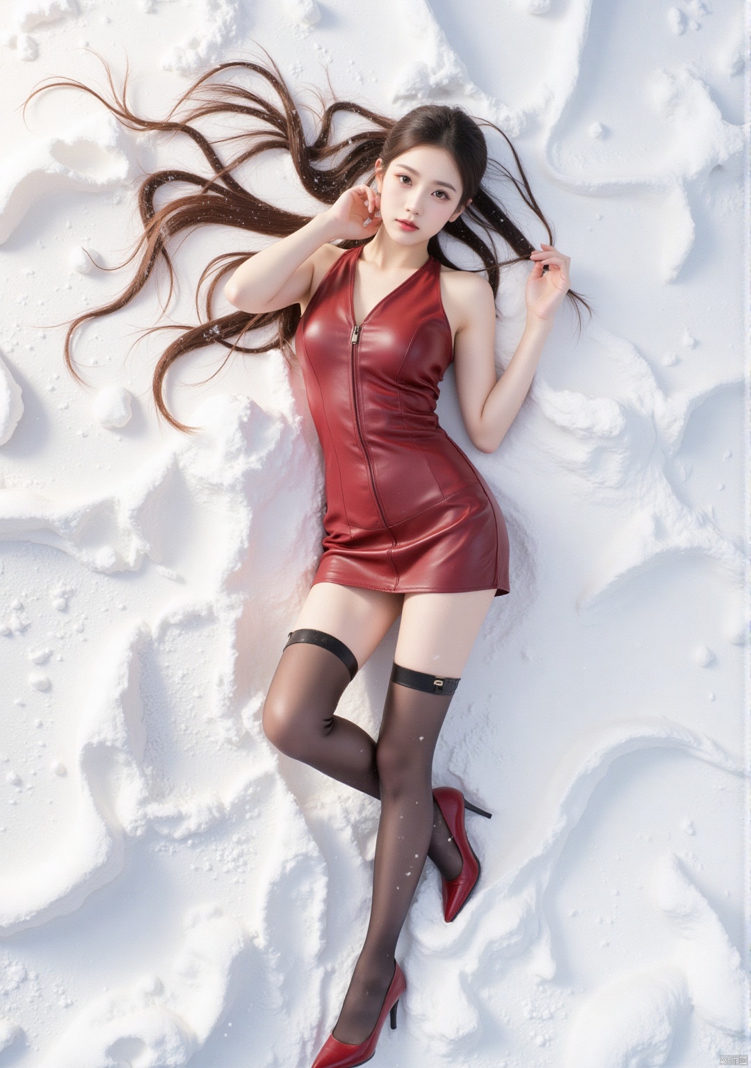 Realistic photo, 1girl, long flowing hair, fair skin, big breasts, bare shoulders, red leather top, red short leather skirt, long legs, garters, leather stockings, red high heels, full body, lying in the snow , (falling snow), (body covered with snow), heavy snow, Christmas, top view,